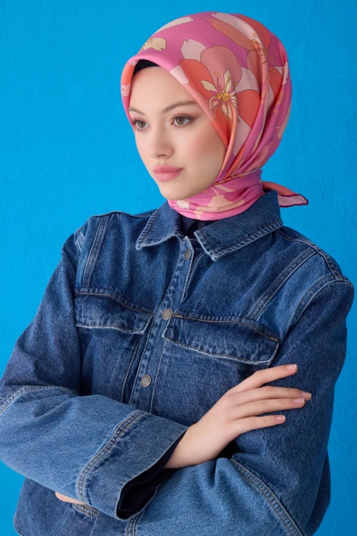 Belli Twill İpek Eşarp 4100D Çiçekli Desen Yavruağzı-Pembe-56
