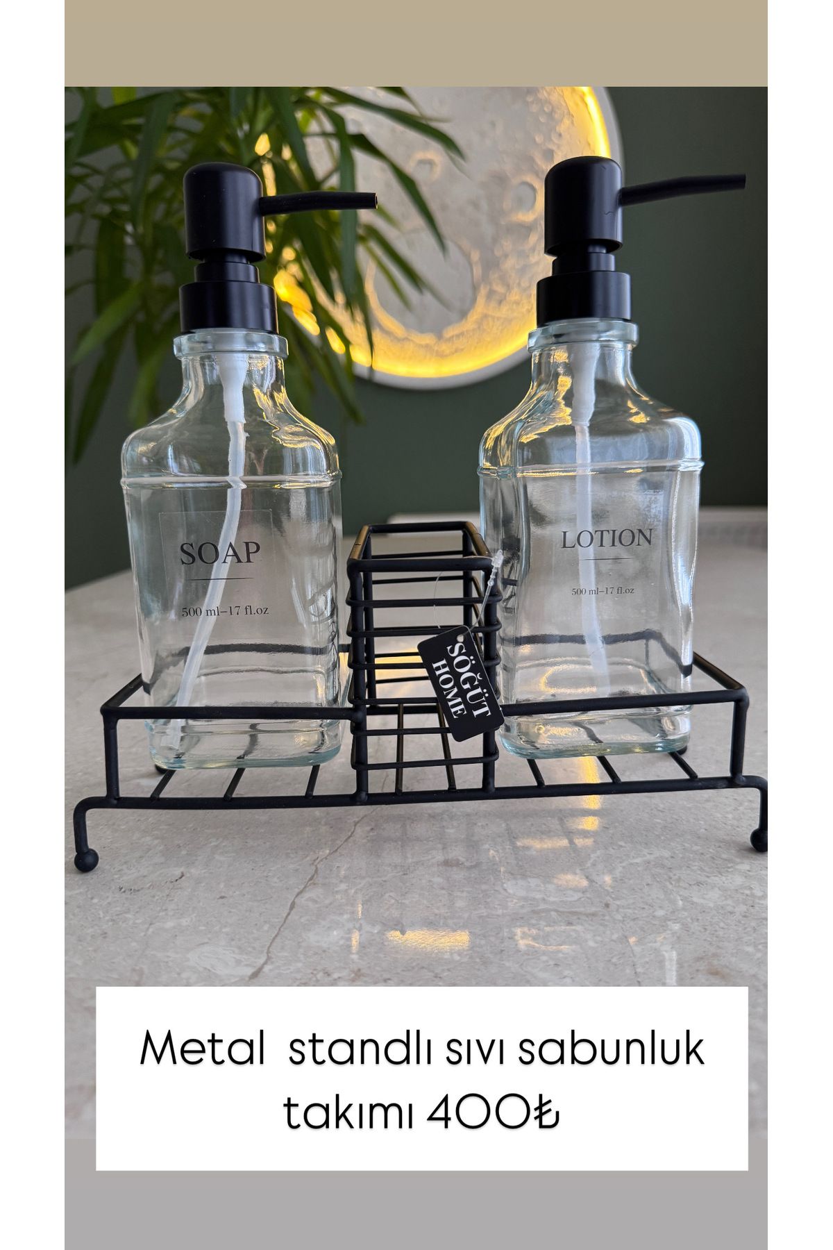 söğüthome Metal Stantlı Kare Cam Sabunluk & Losyonluk Seti – 2’li | 500 ml x 2