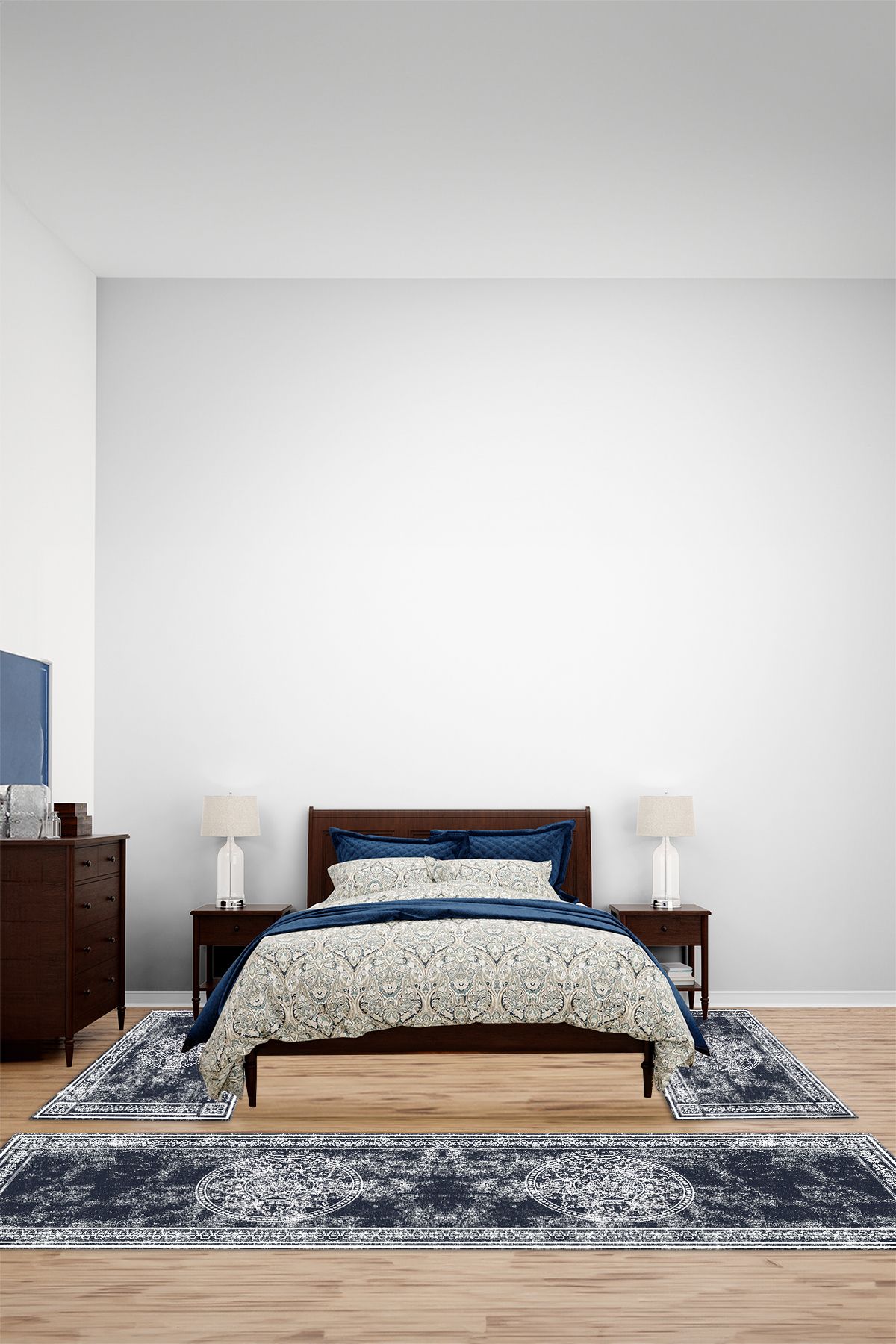 Viyana Home Dijital Kaymaz Yıkanabilir Çerçeveli Klasik Üçlü Yatak Odası Takım Halısı,YO-ÇERÇEVELİ-165-LACİVERT,