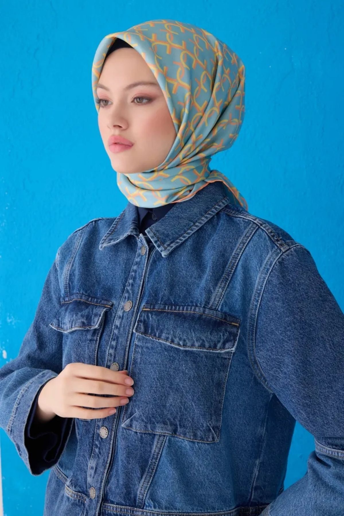Belli Twill İpek Eşarp 4102D Geometrik Desen Turkuaz-Sarı-58