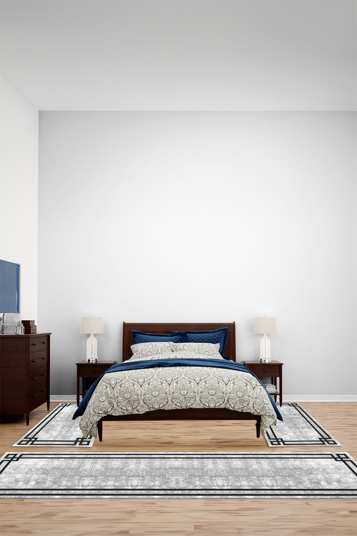 Viyana Home Dijital Kaymaz Yıkanabilir Çerçeveli Üçlü Yatak Odası Takım Halısı, YO-ÇERÇEVELİ-159-GRİ,