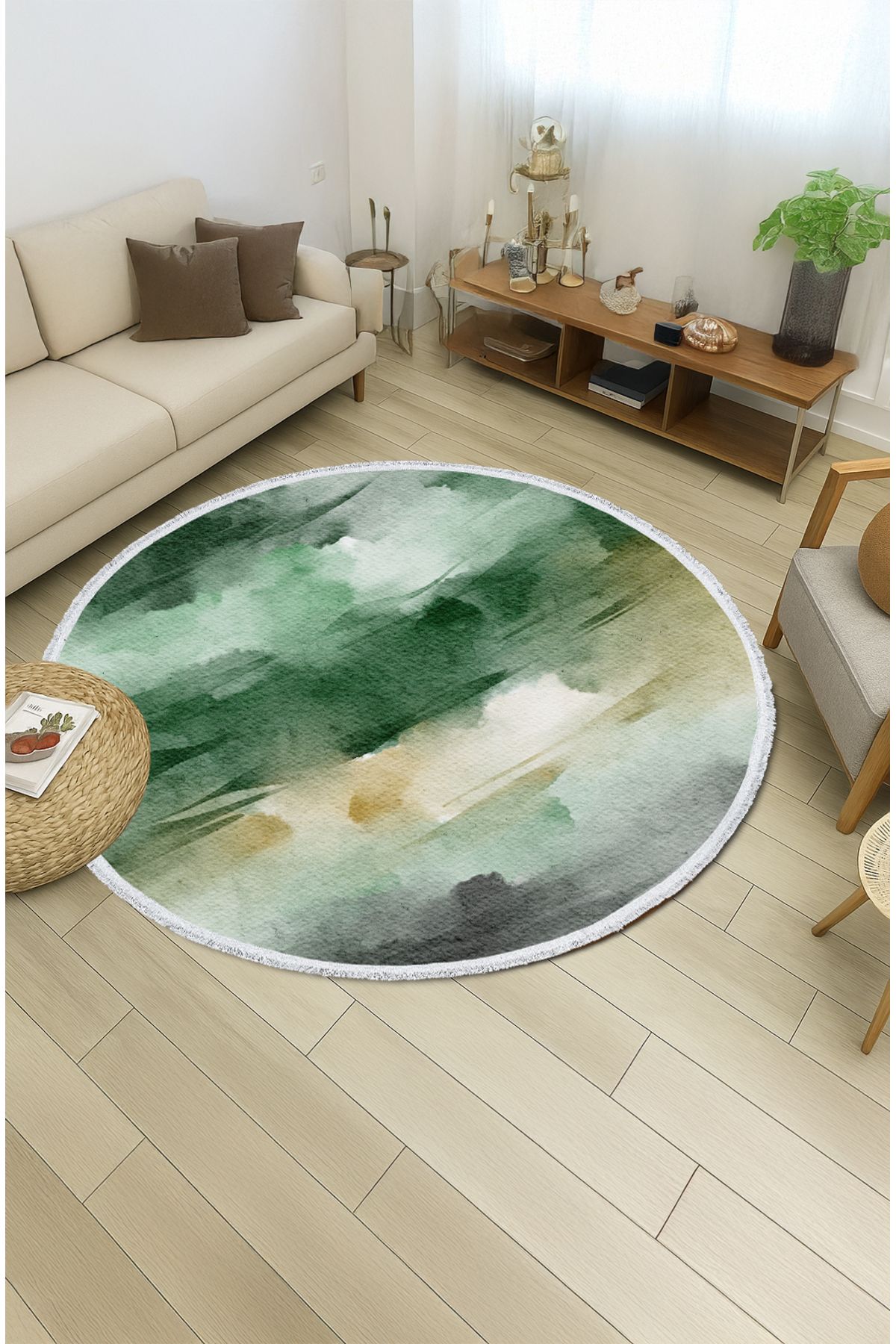 TNYLOF Yeşil Tonlarda Suluboya Desenli Yuvarlak Halı – Doğal Görünüm | 60x60 – 180x180 cm
