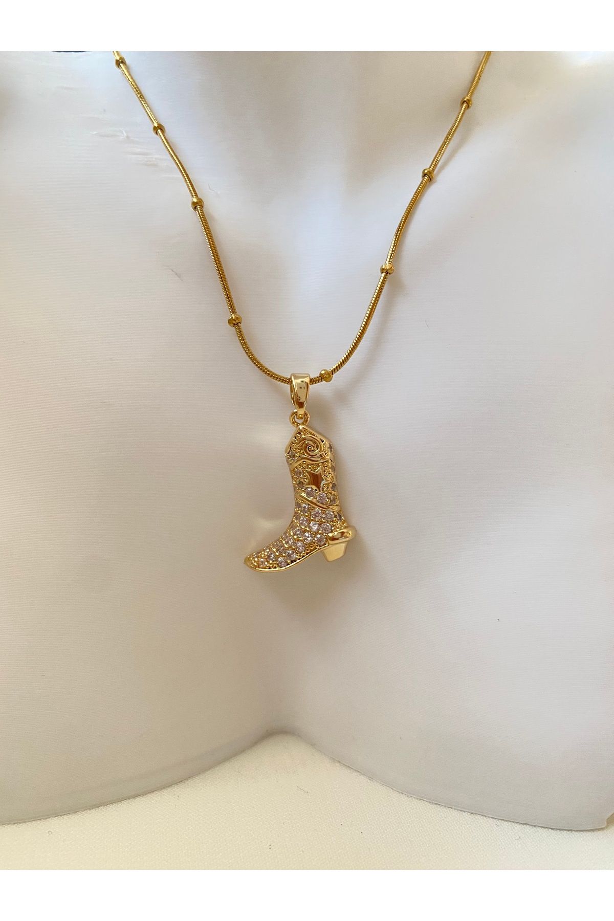 asem jewelry KOVBOY ÇİZMESİ ZİRKON TAŞLI GOLD RENK ÇELİK KOLYE