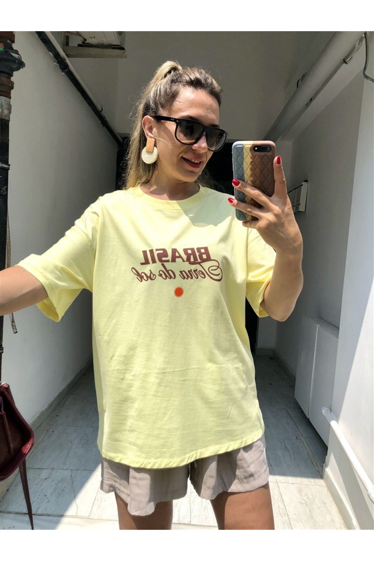 Gözde Tasarım Butik KADIN % 100 PAMUK TEREYAĞ SARISI BASKILI OVERSİZE KISA KOL SALAŞ BİSİKLET YAKA SARI T-SHİRT