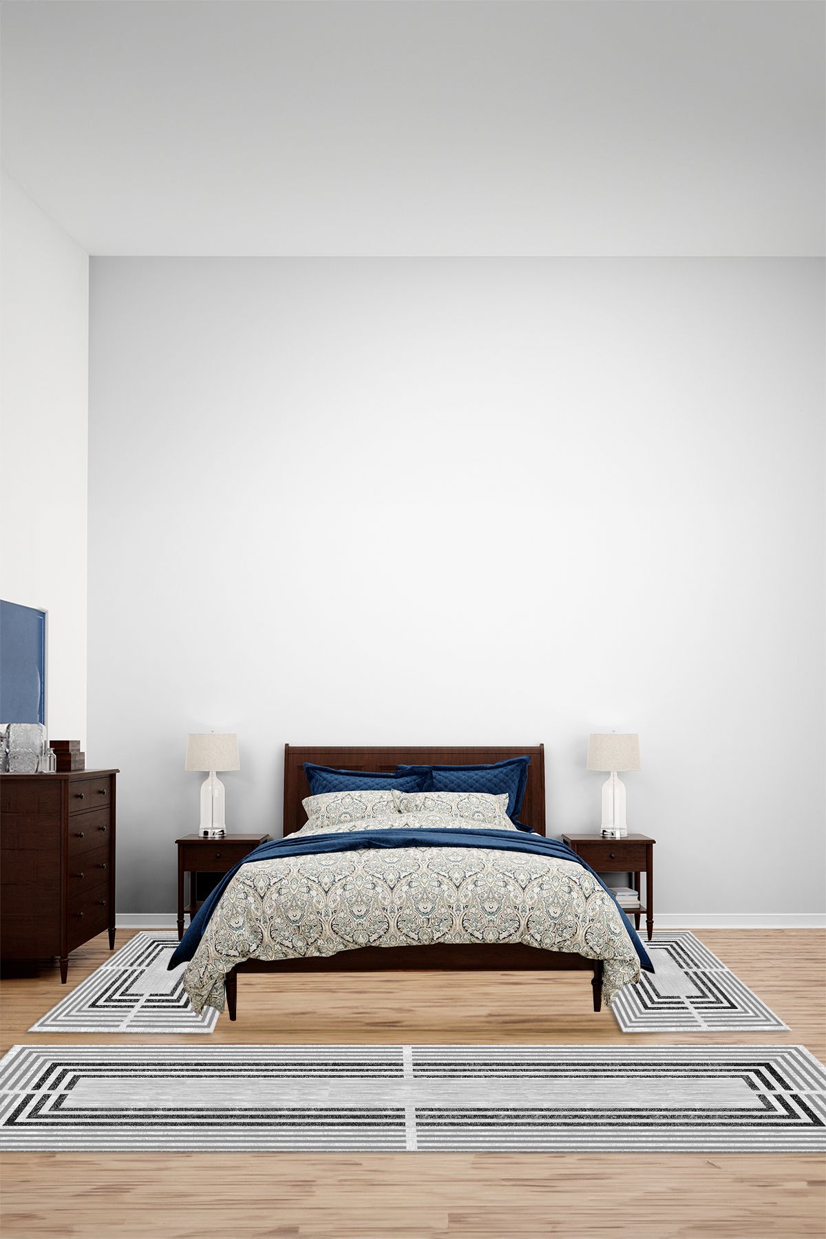 Viyana Home Dijital Kaymaz Yıkanabilir Çerçeveli Çizgi Üçlü Yatak Odası Takım Halısı, YO-ÇERÇEVELİ-167-GRİ,