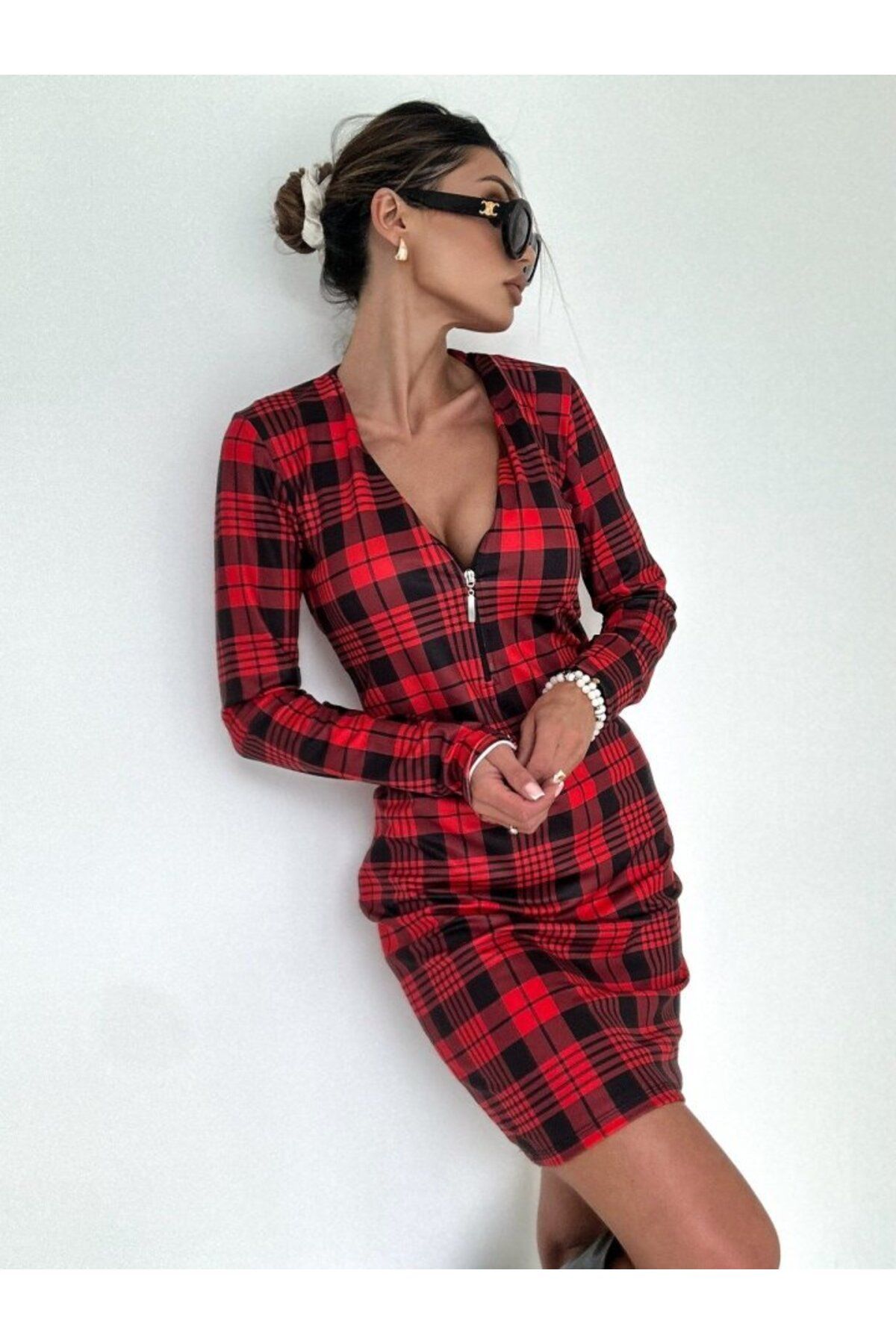 D&M Life Collection Kadın Uzun Kollu Fermuarlı Ekose Baskılı Dalgıç Elbise