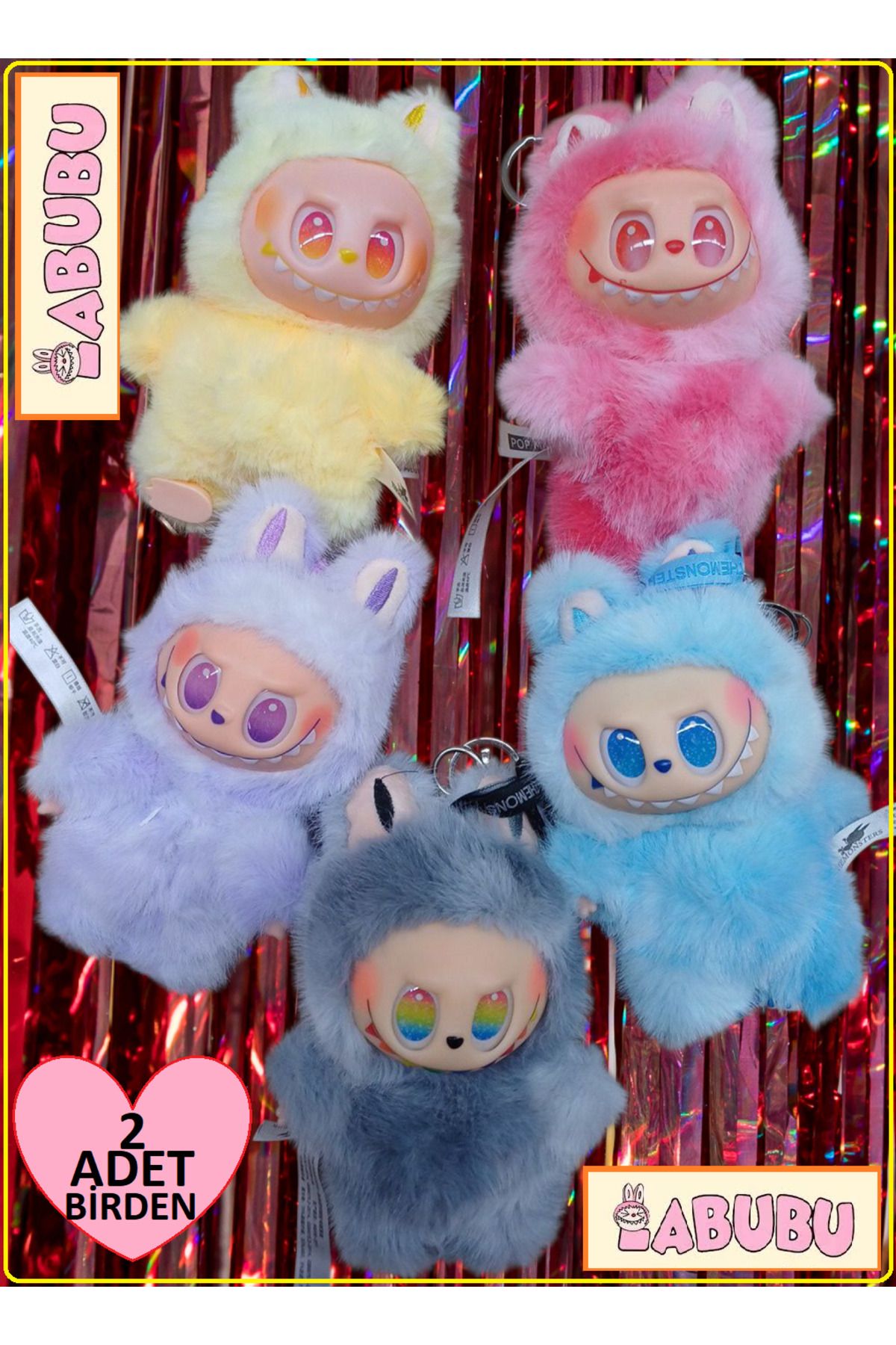OYUNCAKSAHİLİ Labubu Canavar 2 Peluş Love Happines Hope Serenity Loyalty Luck 2 Adet 15cm Askılı Pop Peluş