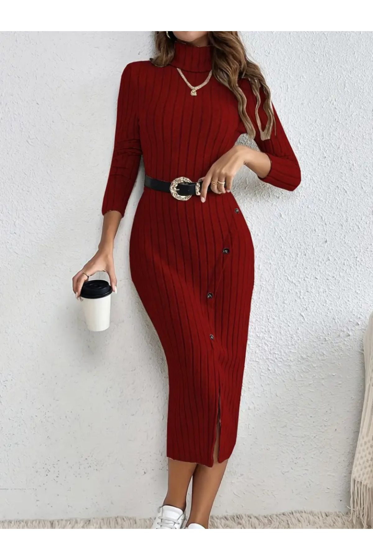 D&M Life Collection Kadın Uzun Kollu Balıkçı Yaka Yırtmaçlı Düğmeli şardonlu Kaşkorse Elbise(kemersiz) - S-M - Bordo