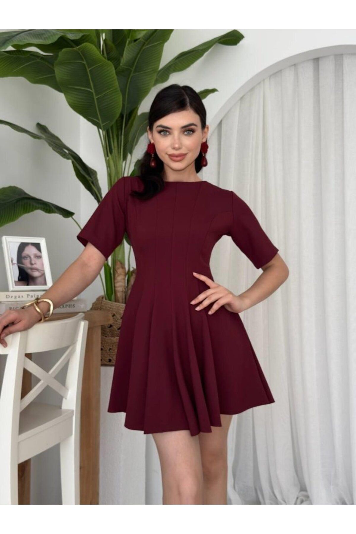 D&M Life Collection Crem Pliseli Elbise - M - Bordo