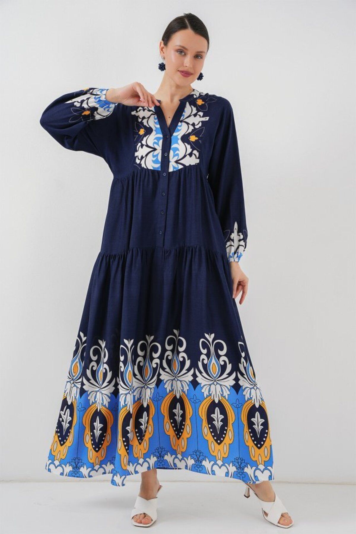 D&M Life Collection 2423 Otantik Desenli Tesettür Elbise - Lacivert 4 - 38
