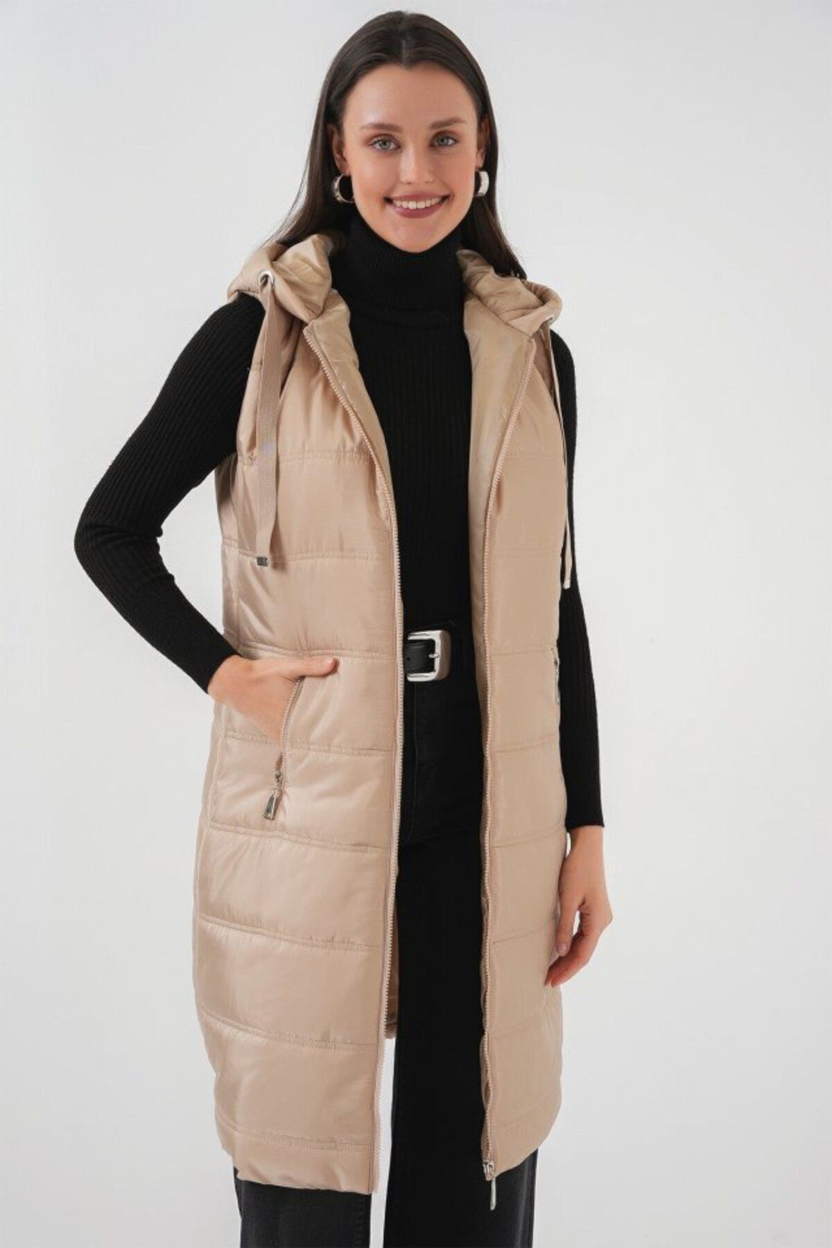 D&M Life Collection 5140 Kapşonlu Uzun Şişme Yelek - Bisküvi - 40