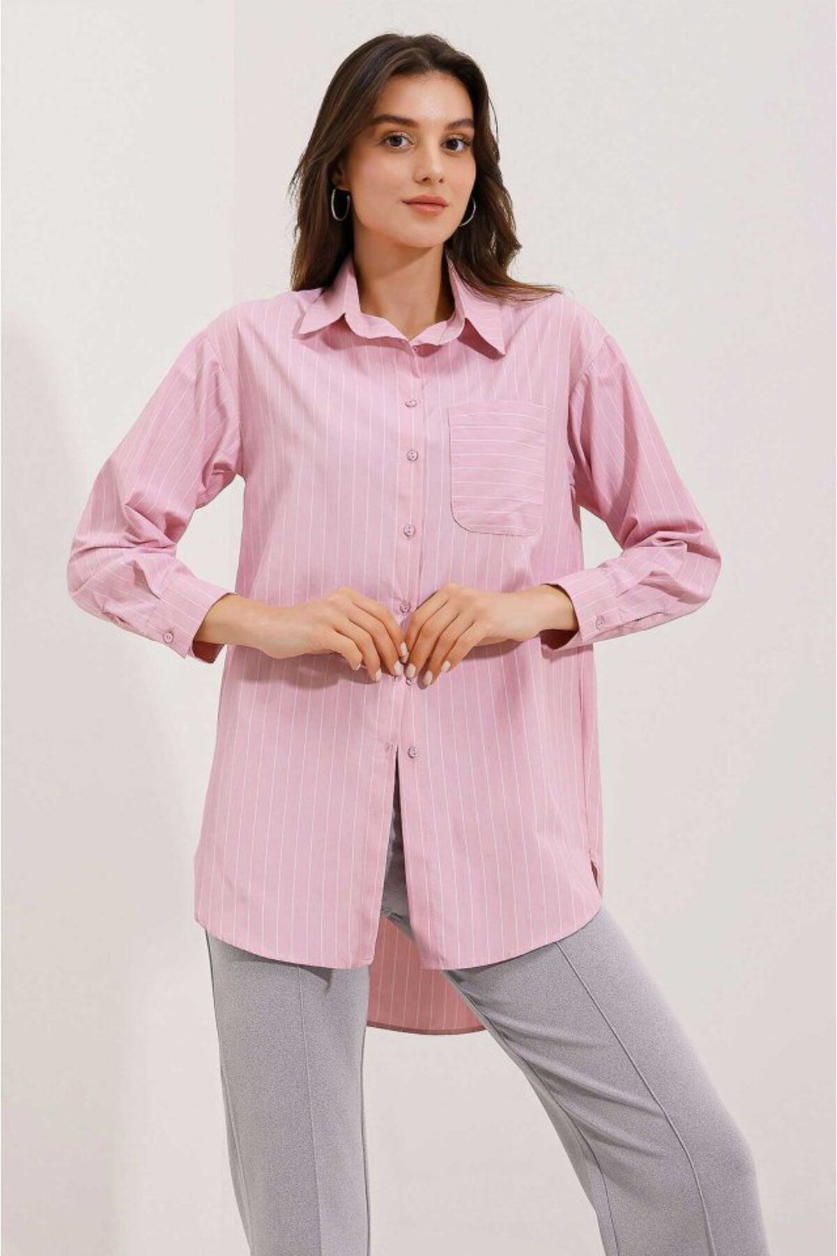 D&M Life Collection 20217 Cep Detaylı Çizgili Oversize Gömlek - Pudra - 38