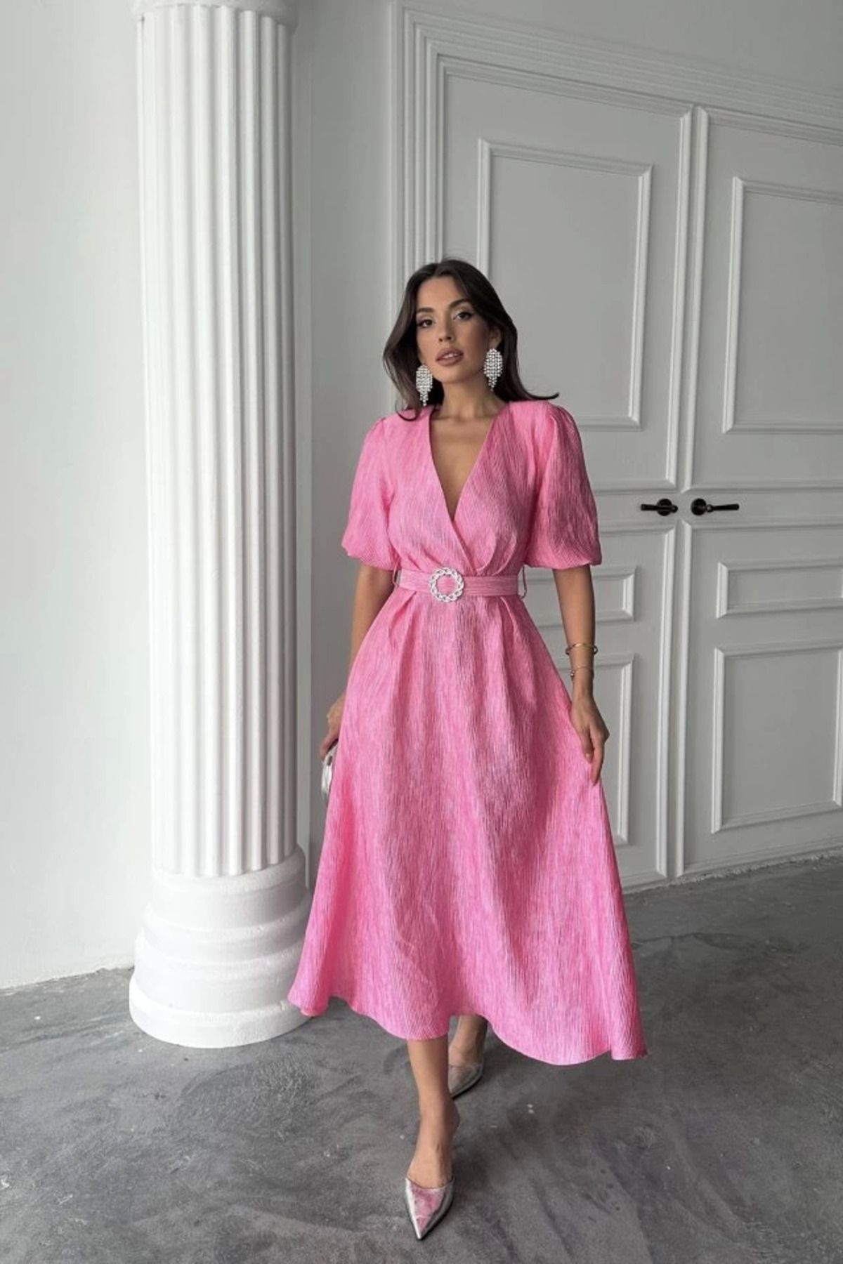 ZORM Parlak Pembe Kemer Detaylı Elbise