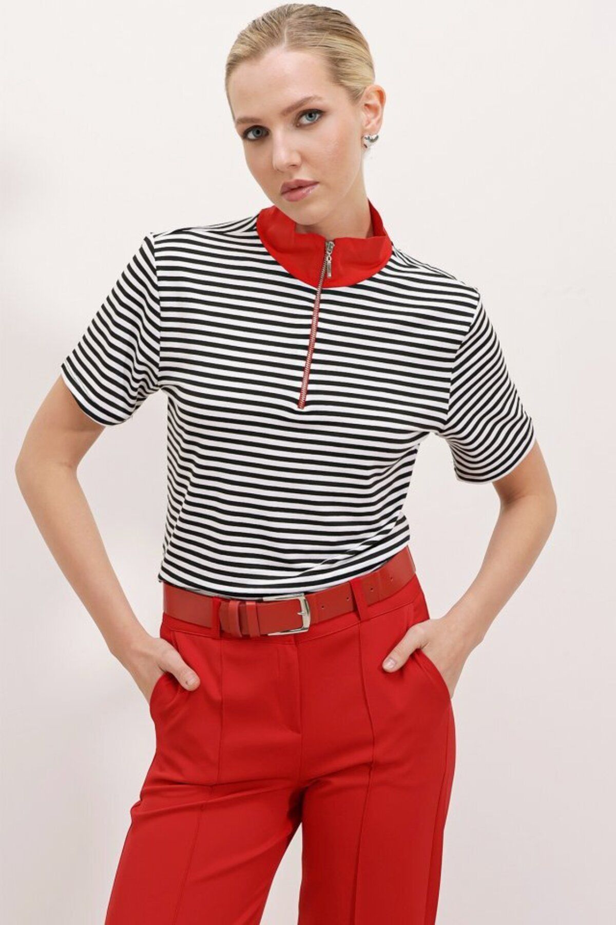 D&M Life Collection Kırmızı Polo Yaka Fermuarlı Çizgili Tişört 0497 - 42 - Kirmizi