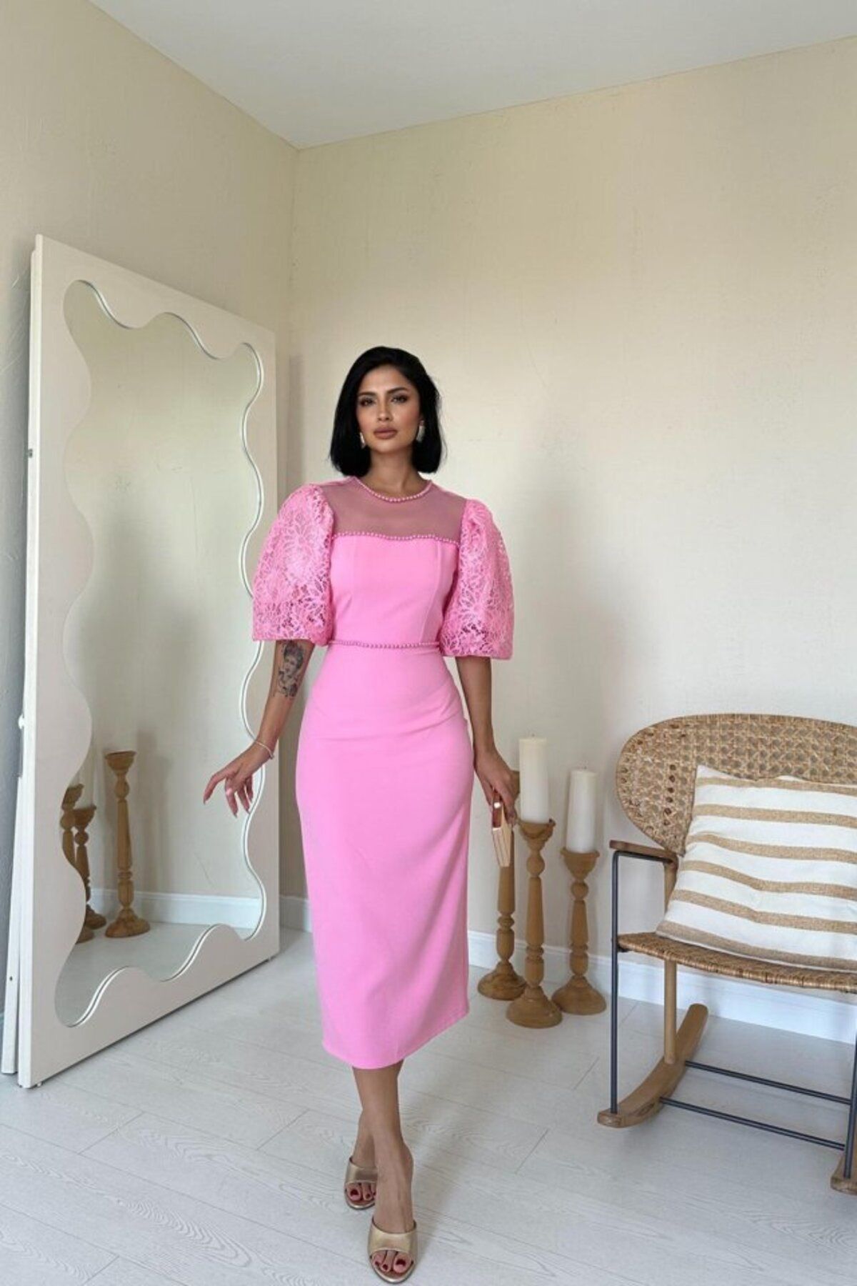 D&M Life Collection Pembe İncili Tül Detay Elbise - L - Pembe