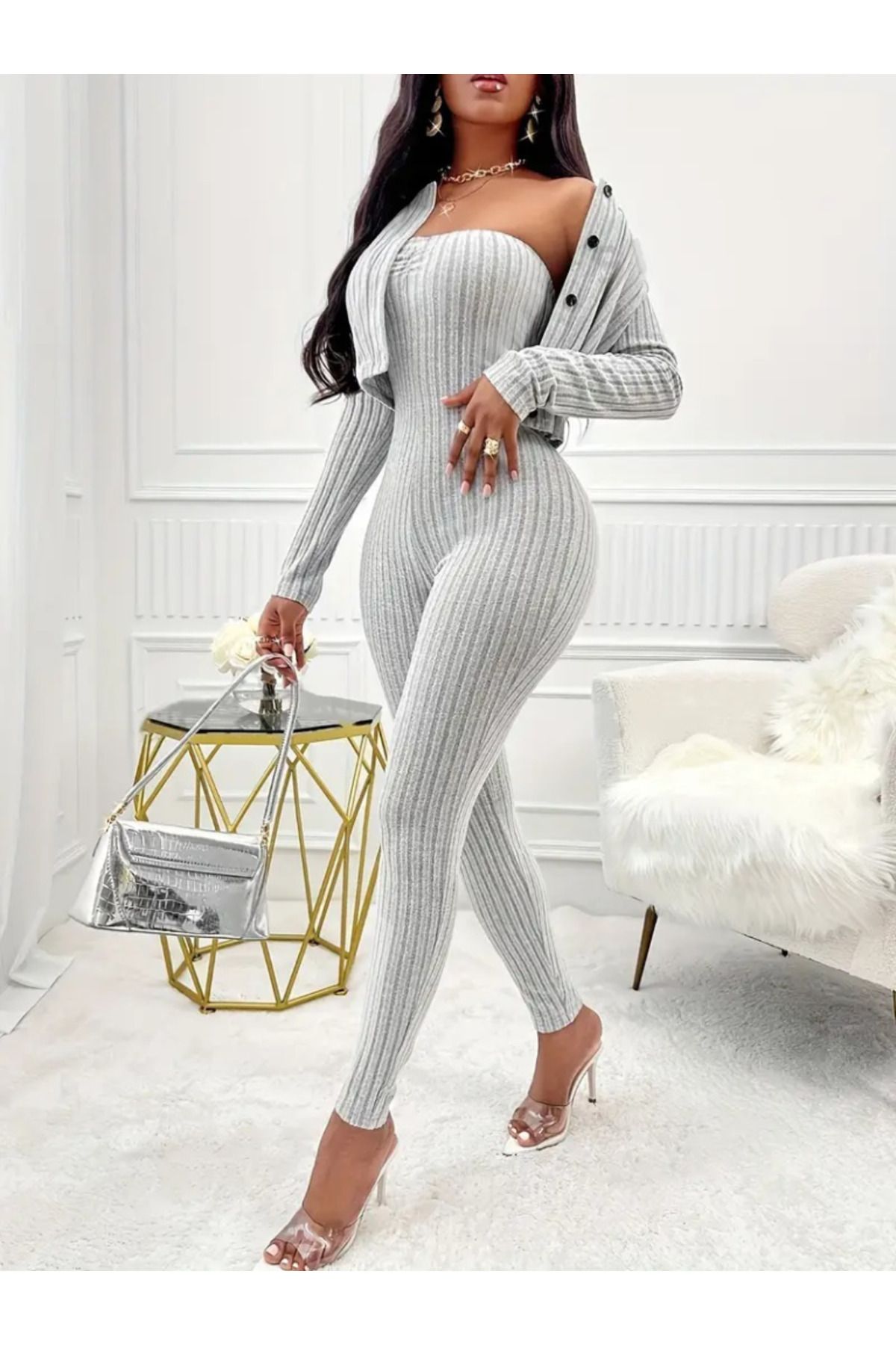 D&M Life Collection Kadın Uzun Kollu şardonlu Kaşkorse Straplez Ile Kısa önden Düğmeli Ceket Ikili Takım - L-XL - Gri