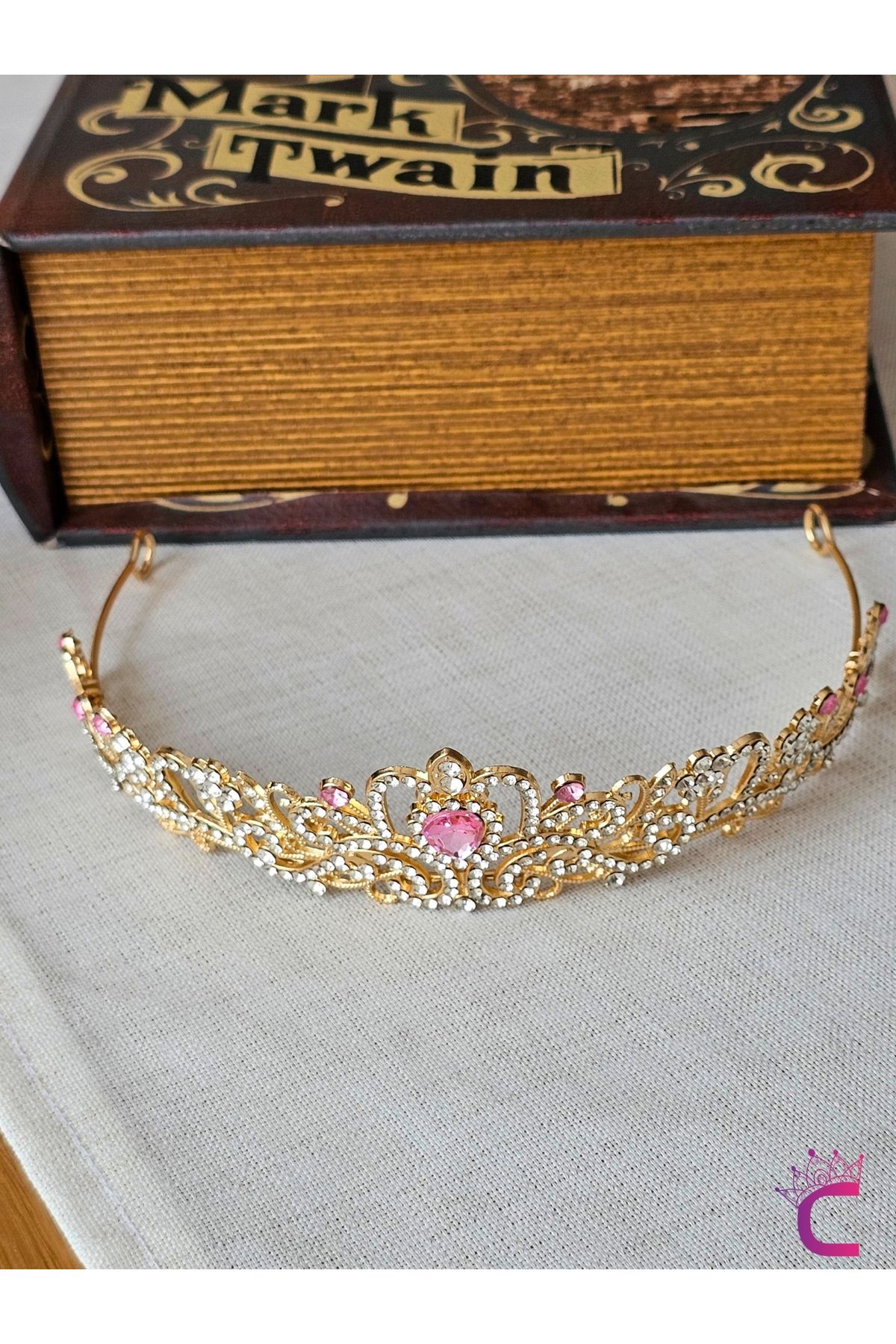 Cinderella Pembe Kristal Taşlı Zirkon İşlemeli Prenses Gelin Tacı - Düğün Kına Nikah Nişan Söz Doğum Günü Taç