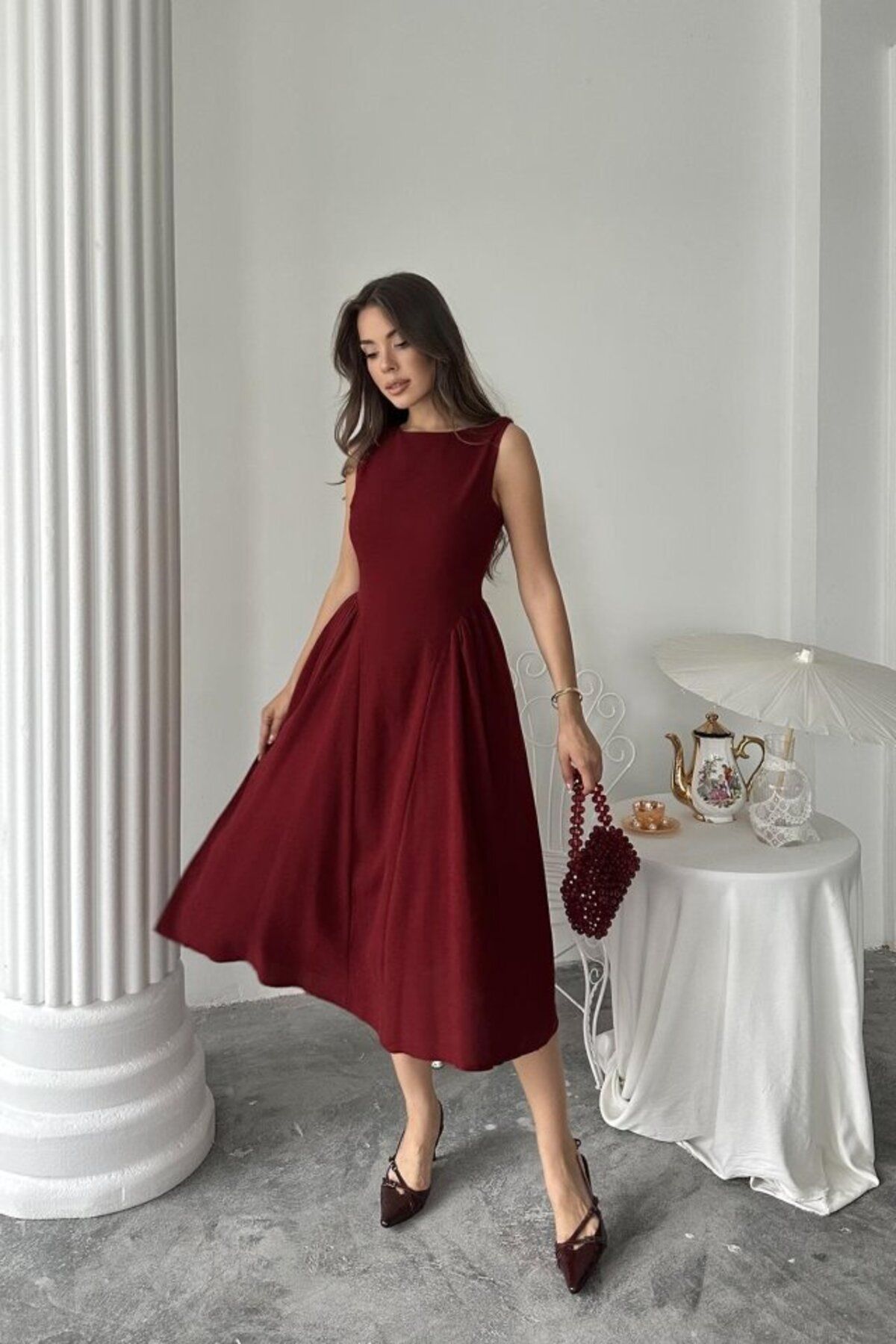 D&M Life Collection Bordo Yanları Büzgülü Midi Boy Keten Elbise