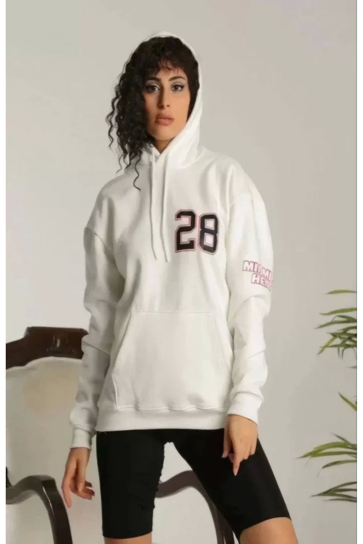 ZORM Unisex Kapşonlu Baskılı Sweetshirt - Beyaz
