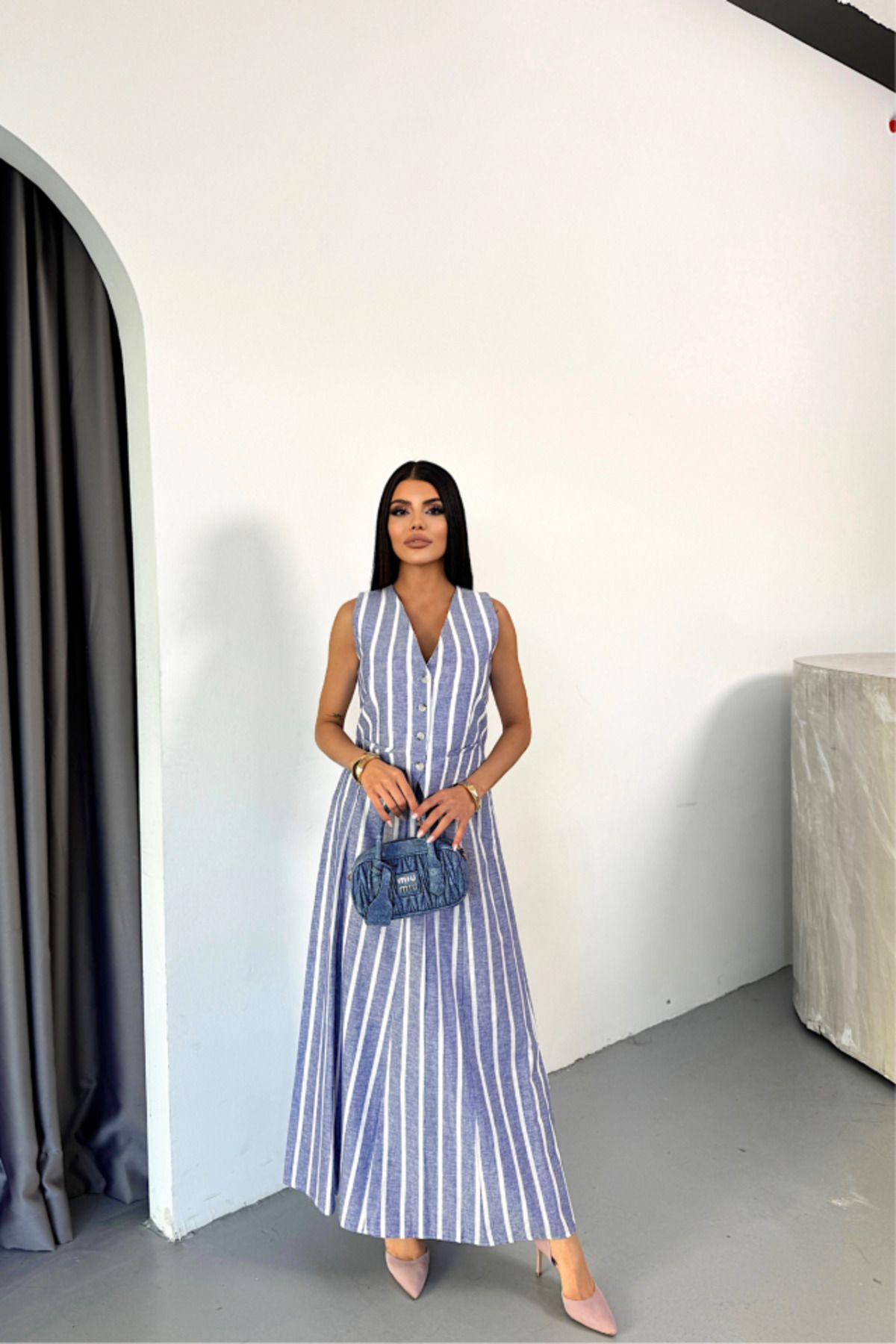D&M Life Collection KETEN ÇİZGİLİ YELEK - UZUN ETEK TAKIM - Mavi