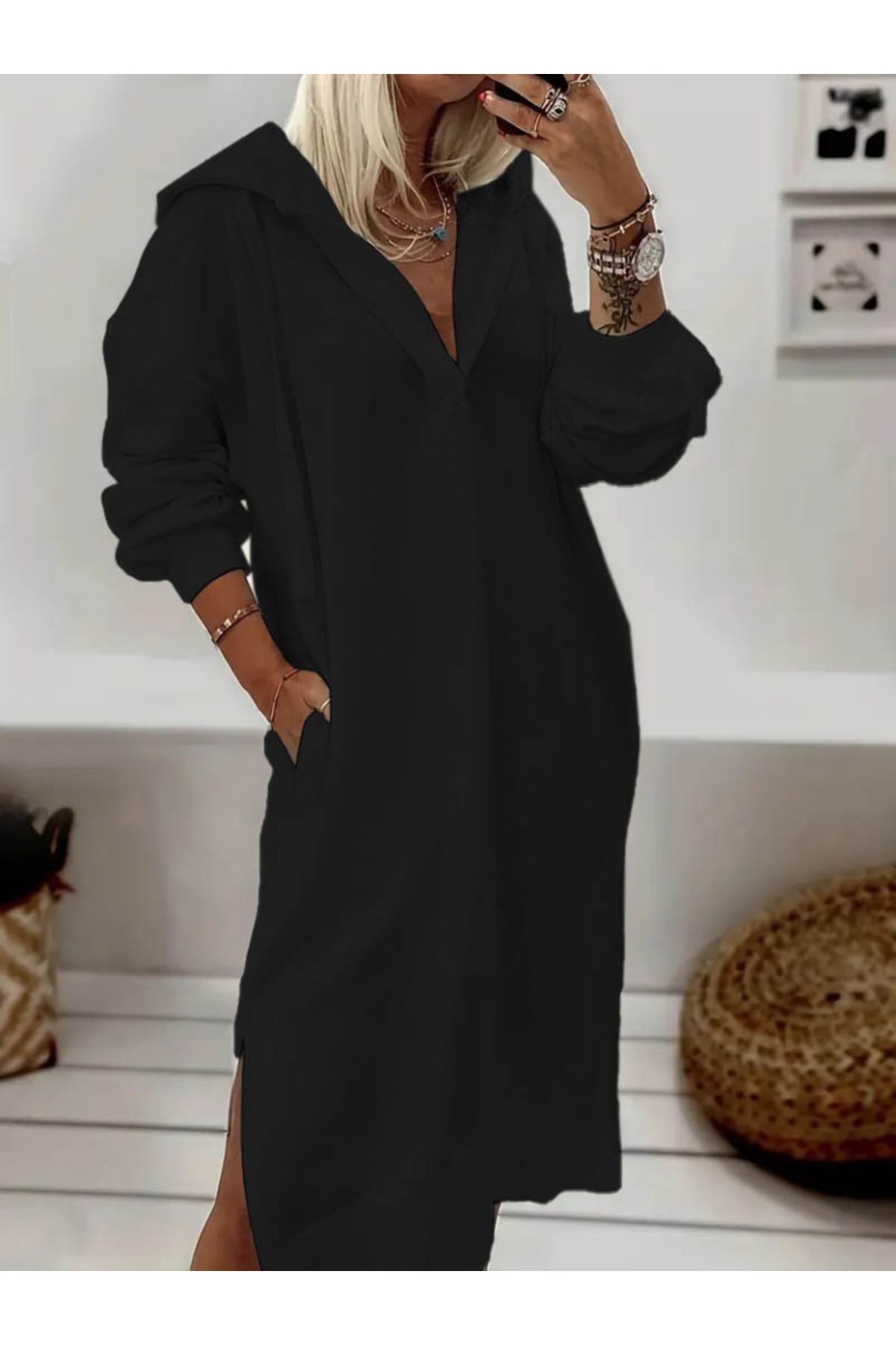 D&M Life Collection Kadın Uzun Kollu Kapüşonlu Yakası Açık Modal Elbise