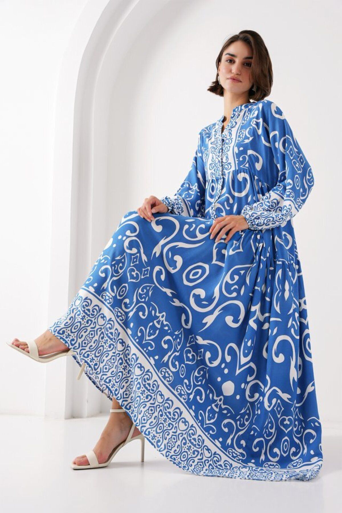 D&M Life Collection 2423 Otantik Desenli Tesettür Elbise - B. İndigo - 42