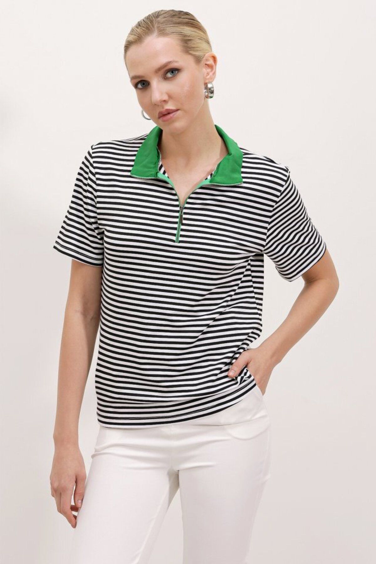D&M Life Collection Yeşil Polo Yaka Fermuarlı Çizgili Tişört 0497