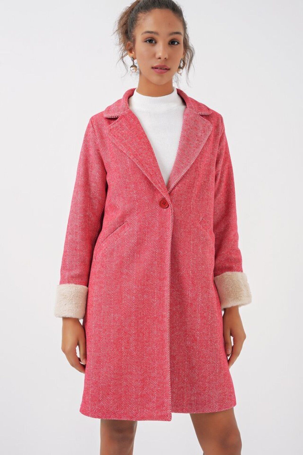 D&M Life Collection 9085 Balık Sırtı Kaşe Kaban - B.Kırmızı - 38 - B.kırmızı