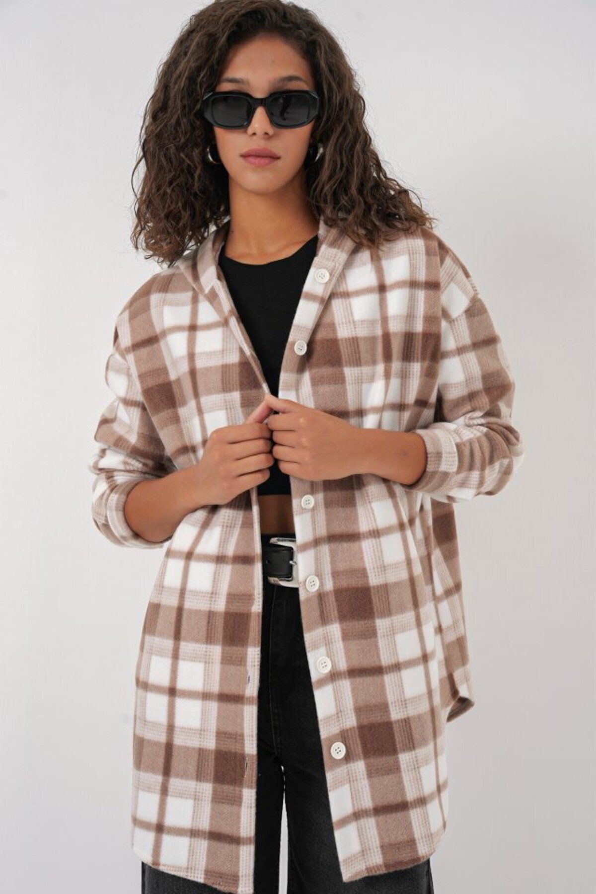 D&M Life Collection 0710 Kapüşonlu Oversize Gömlek - Kahverengi - 42