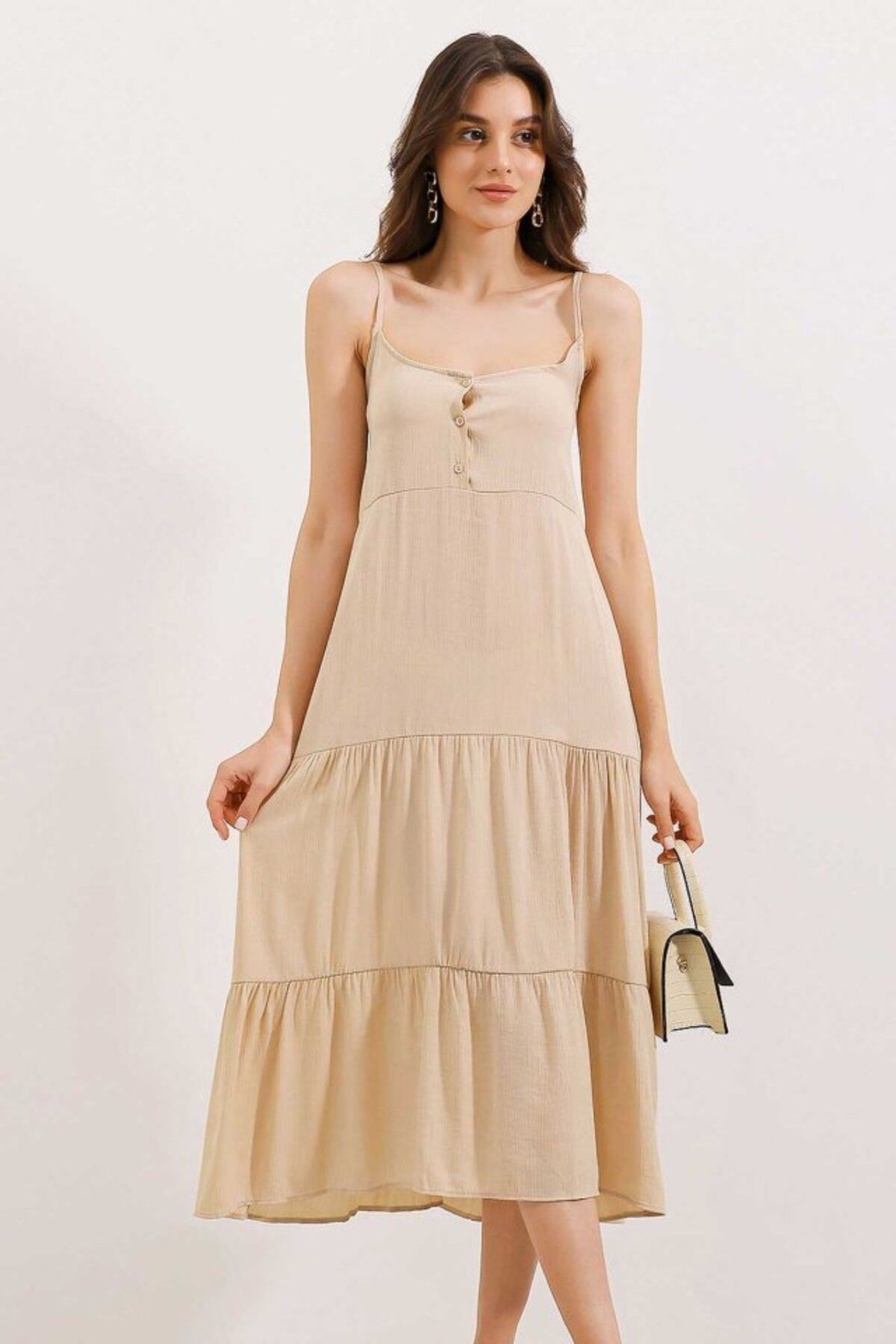 D&M Life Collection 2403 Askılı Midi Elbise - Krem - 40