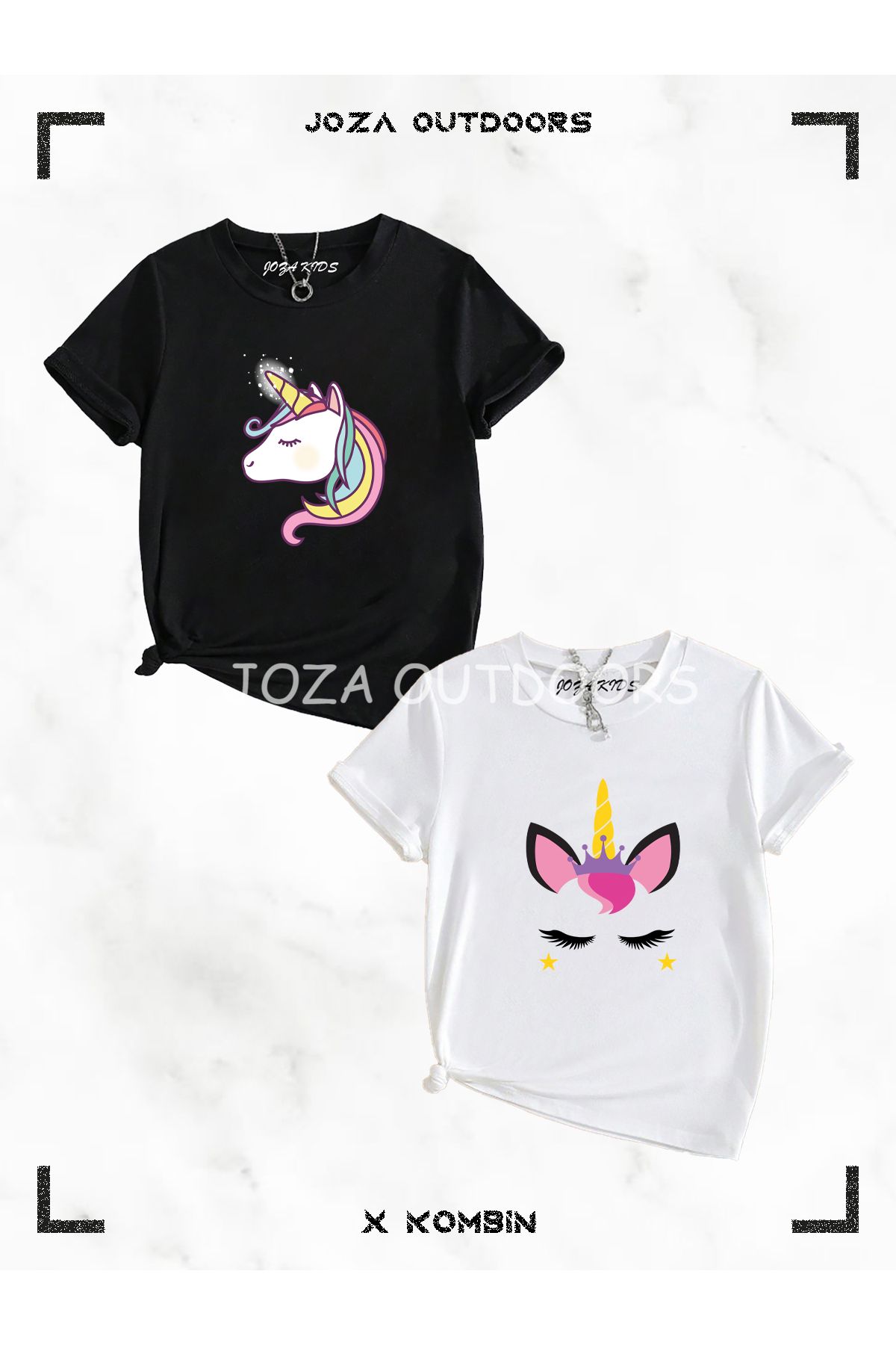 Jobia Outdoors Kız Unicorn Baskılı Çocuk 2'li Siyah Beyaz T-shirt Set Takım