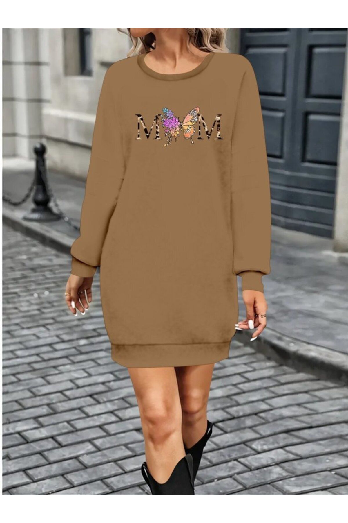 D&M Life Collection Kadın Uzun Kollu Bisiklet Yaka Viskon Iki Iplik Elbise - 2XL-3XL - Bej