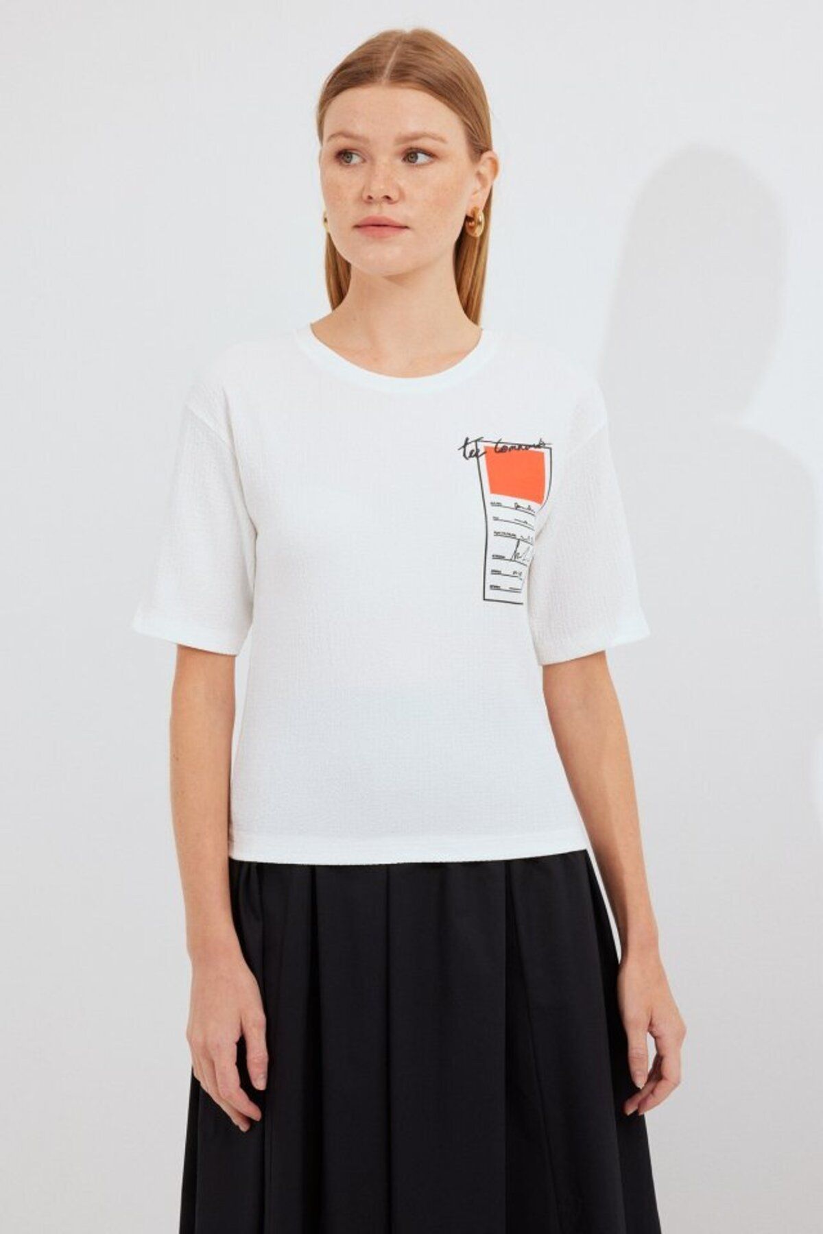 D&M Life Collection 911 Baskılı Örme Basic Tişört - Turuncu - 42