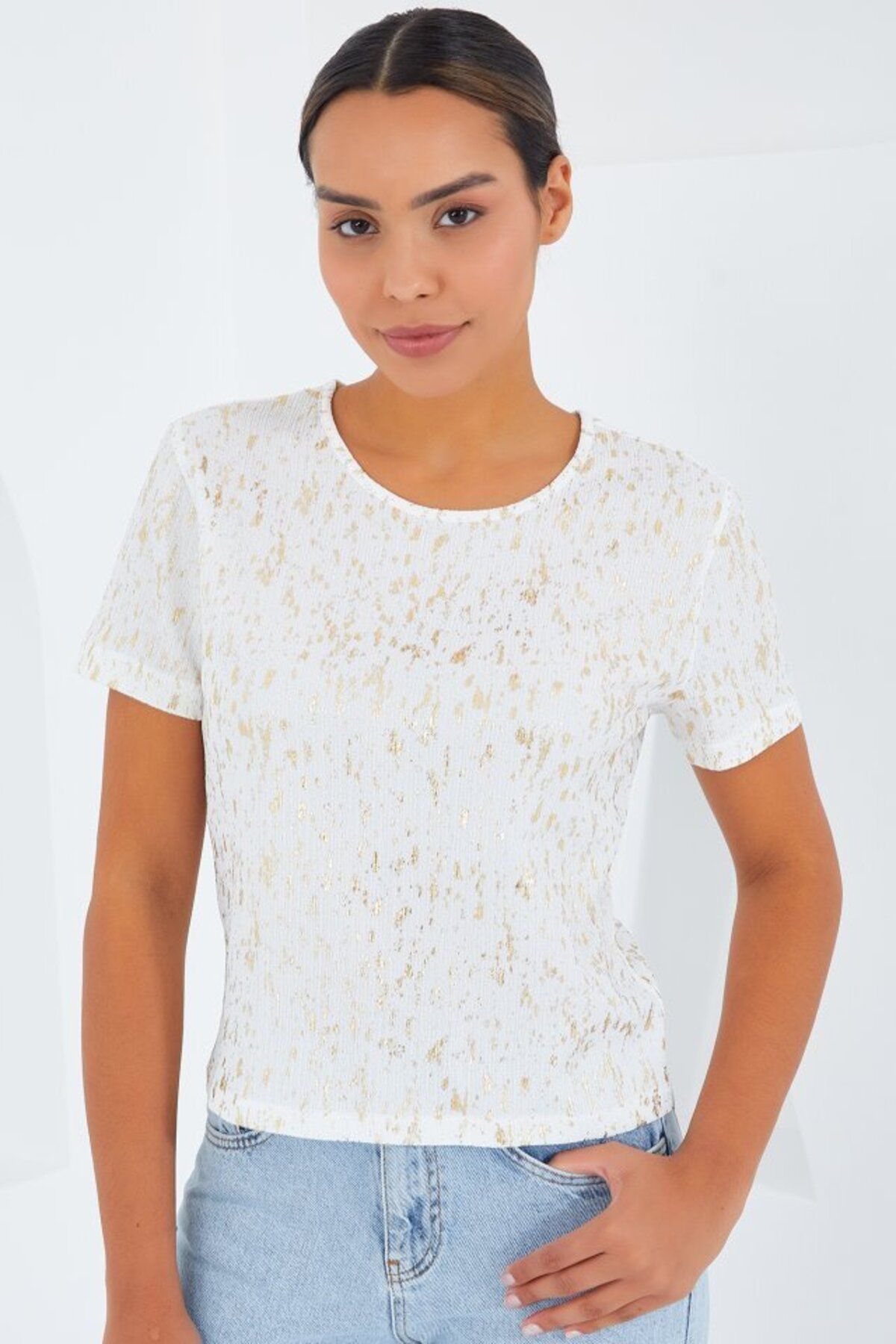 D&M Life Collection Ekru Varaklı Basic Tişört 909 - 40 - Ekru