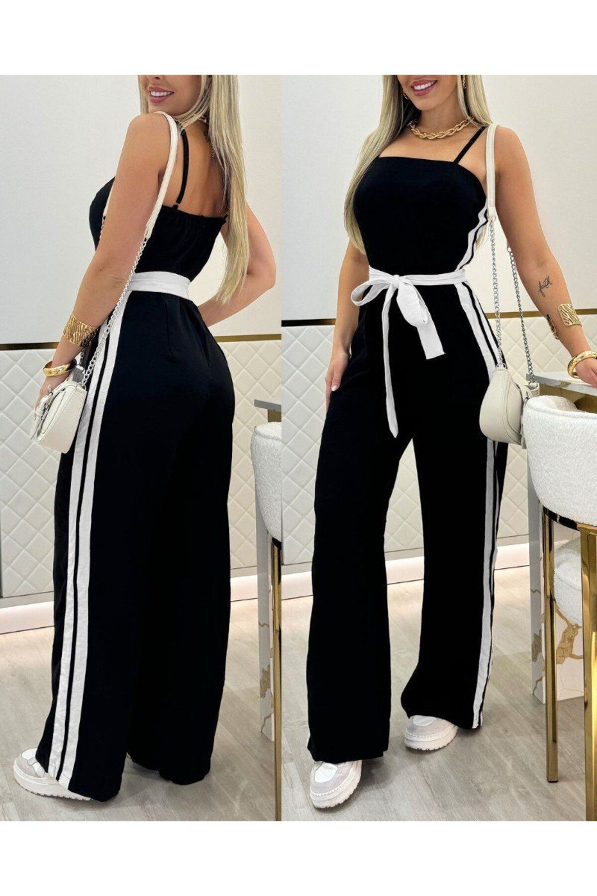 D&M Life Collection Kadın Ip Askılı Straplez Belden Kuşaklı Viskon Iki Iplik Tulum - L-XL - Siyah