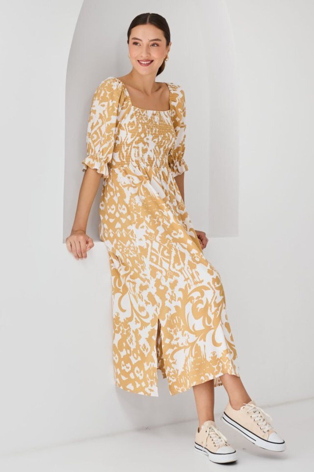 D&M Life Collection 2512 Desenli Yırtmaçlı Elbise - Sarı - 38 - Sari