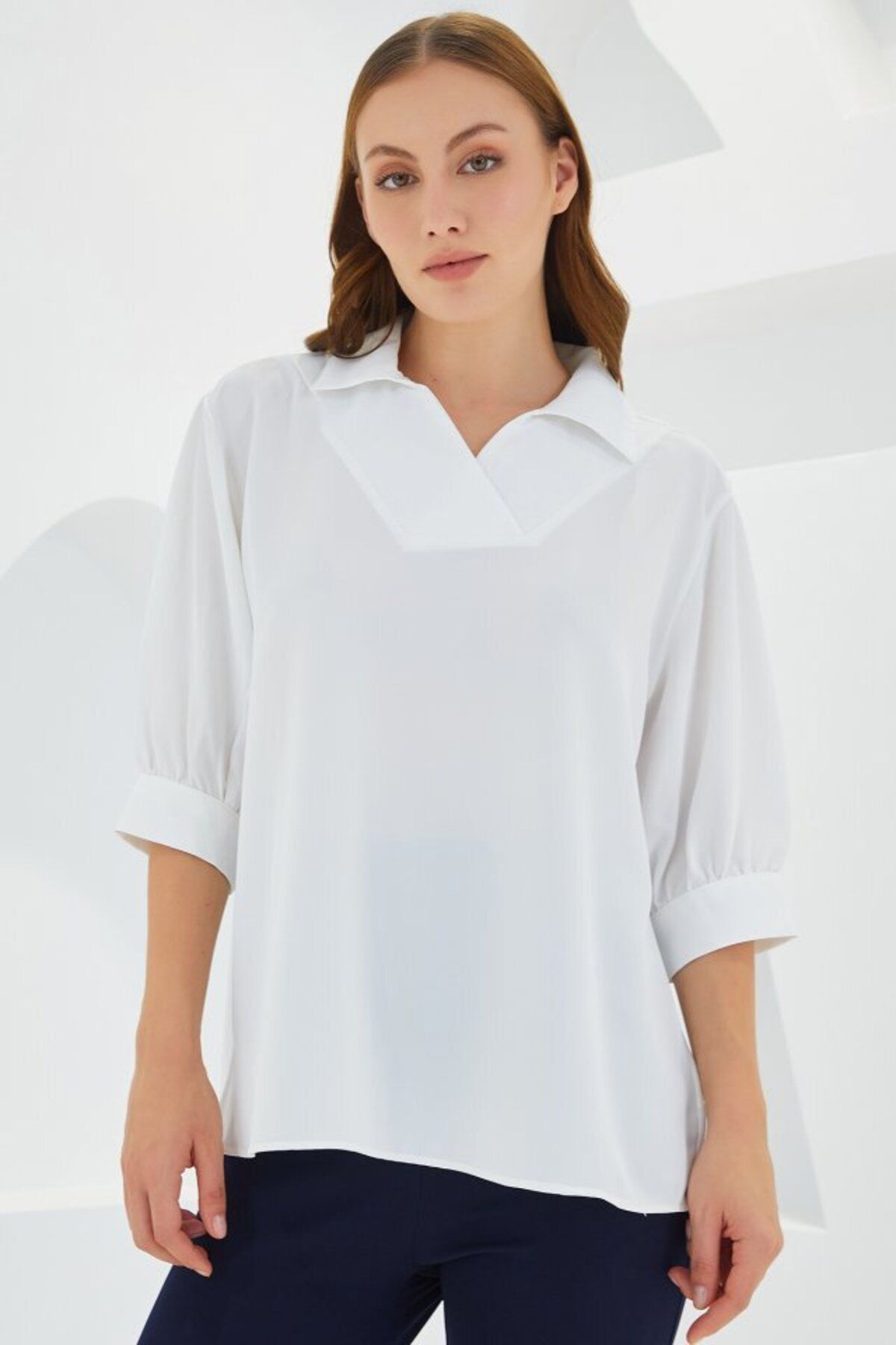 D&M Life Collection Beyaz Gömlek Yaka Saten Bluz 0493