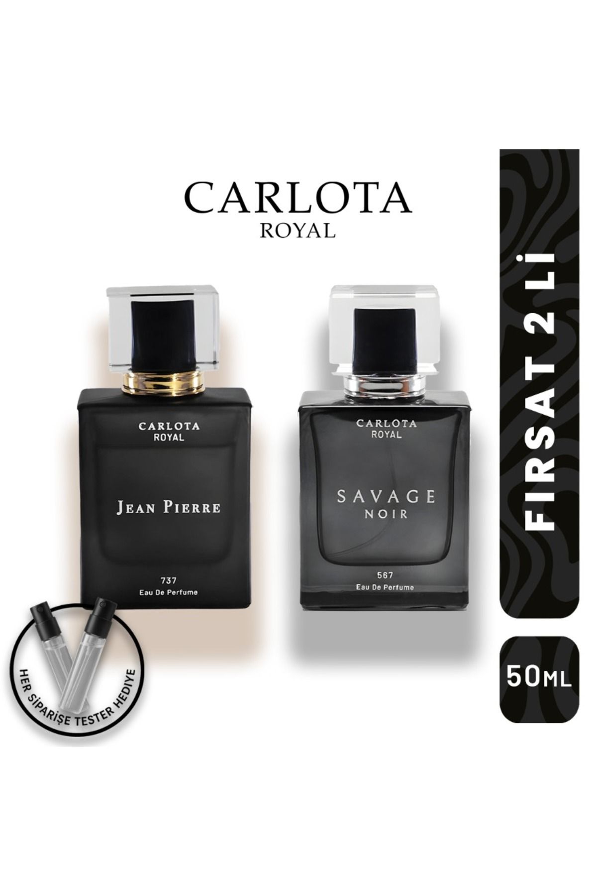CARLOTA Royal 2'li Erkek Parfüm Seti Jean Pierre & Savage Noir EDP 50ml + Deneme Parfümü Hediyeli