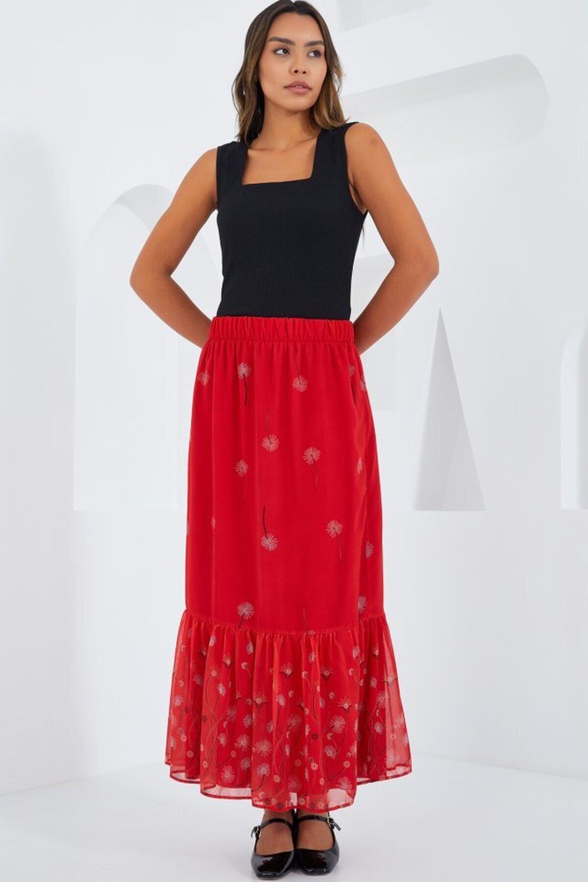 D&M Life Collection Kırmızı Desenli Şifon Etek 8010 - 40 - Kırmızı