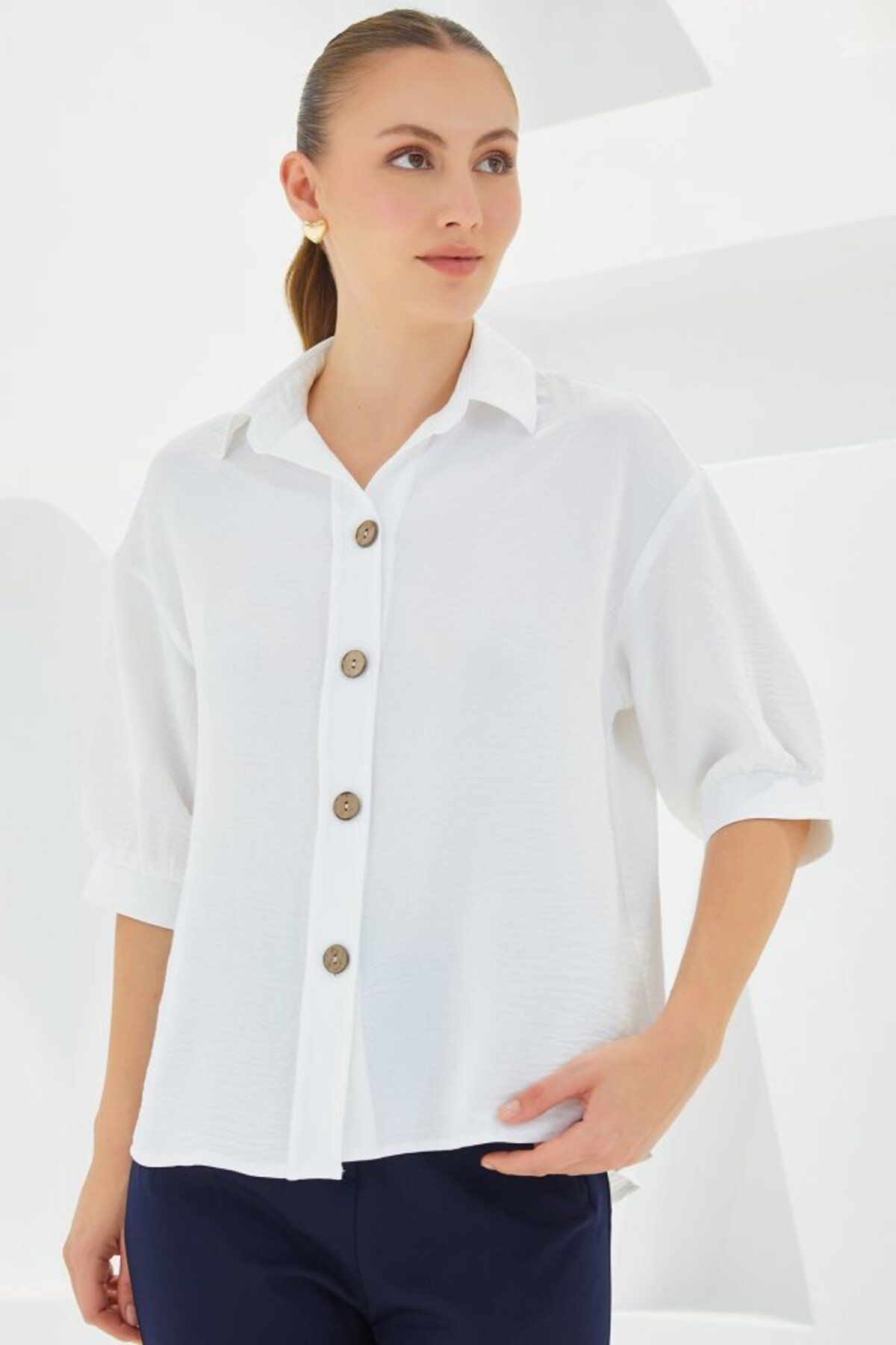 D&M Life Collection Beyaz Kısa Kol Oversize Keten Gömlek 20240 - 42 - Beyaz