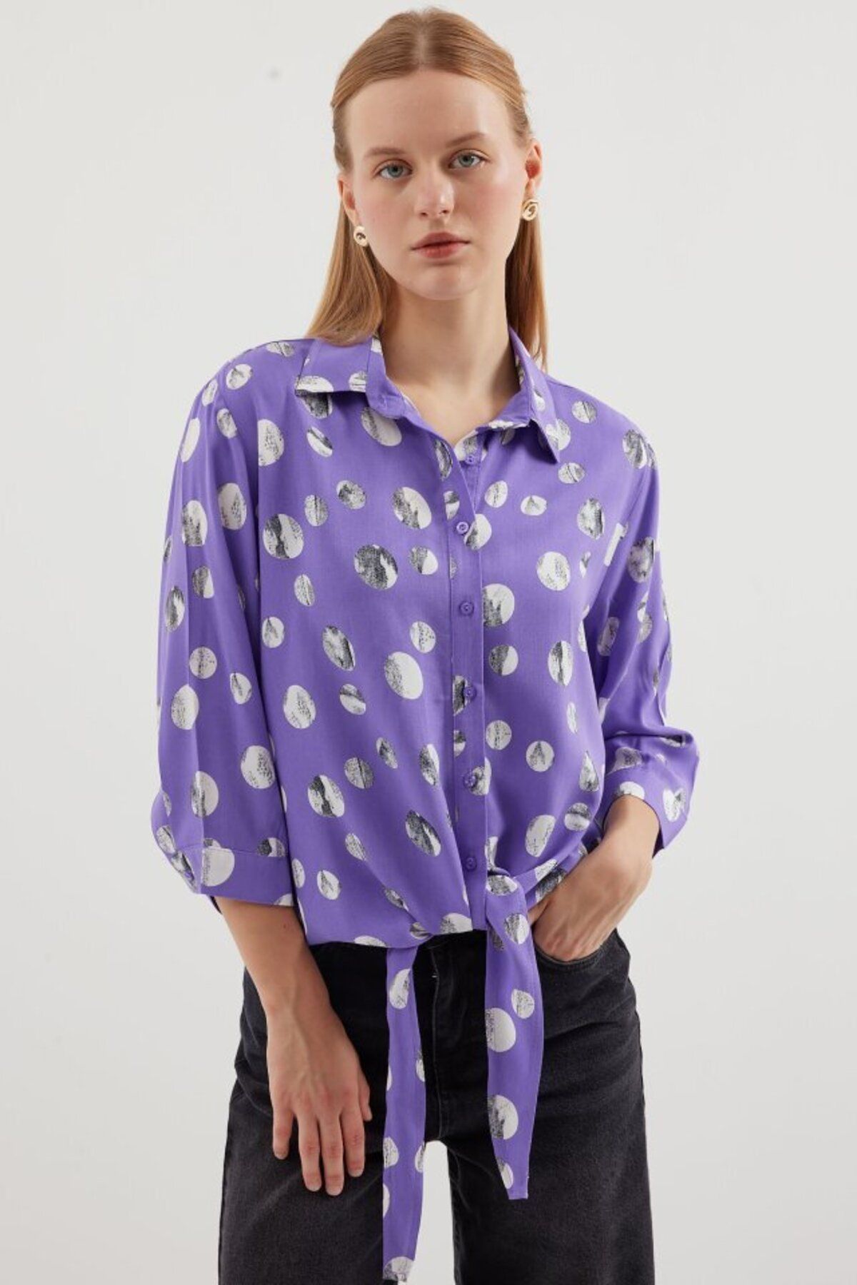 D&M Life Collection 20243 Önü Bağlamalı Desenli Gömlek - Lila