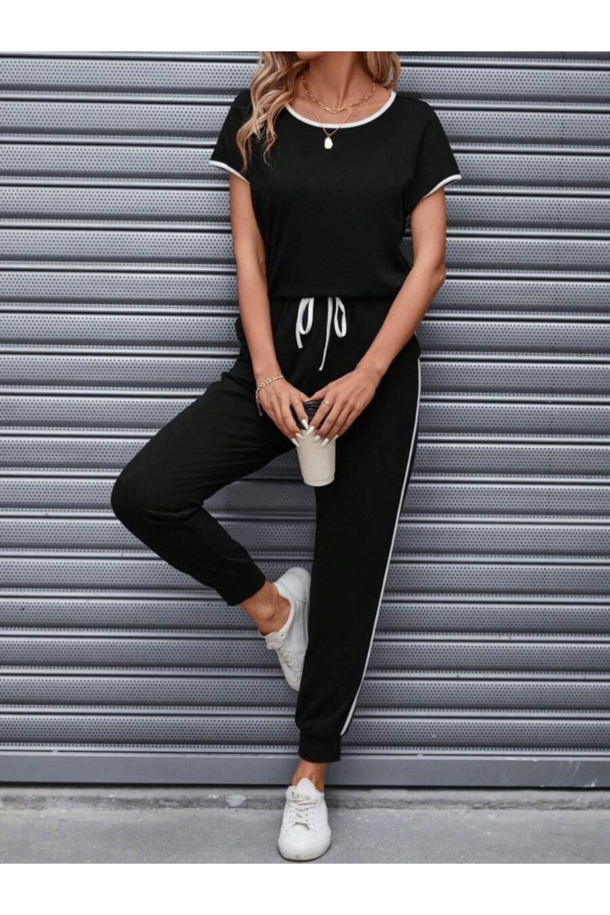 D&M Life Collection Kadın Kısa Kollu Kayık Yaka Viskon Iki Iplik Bluz Ve Bağcıklı Pantolon Ikili Takım