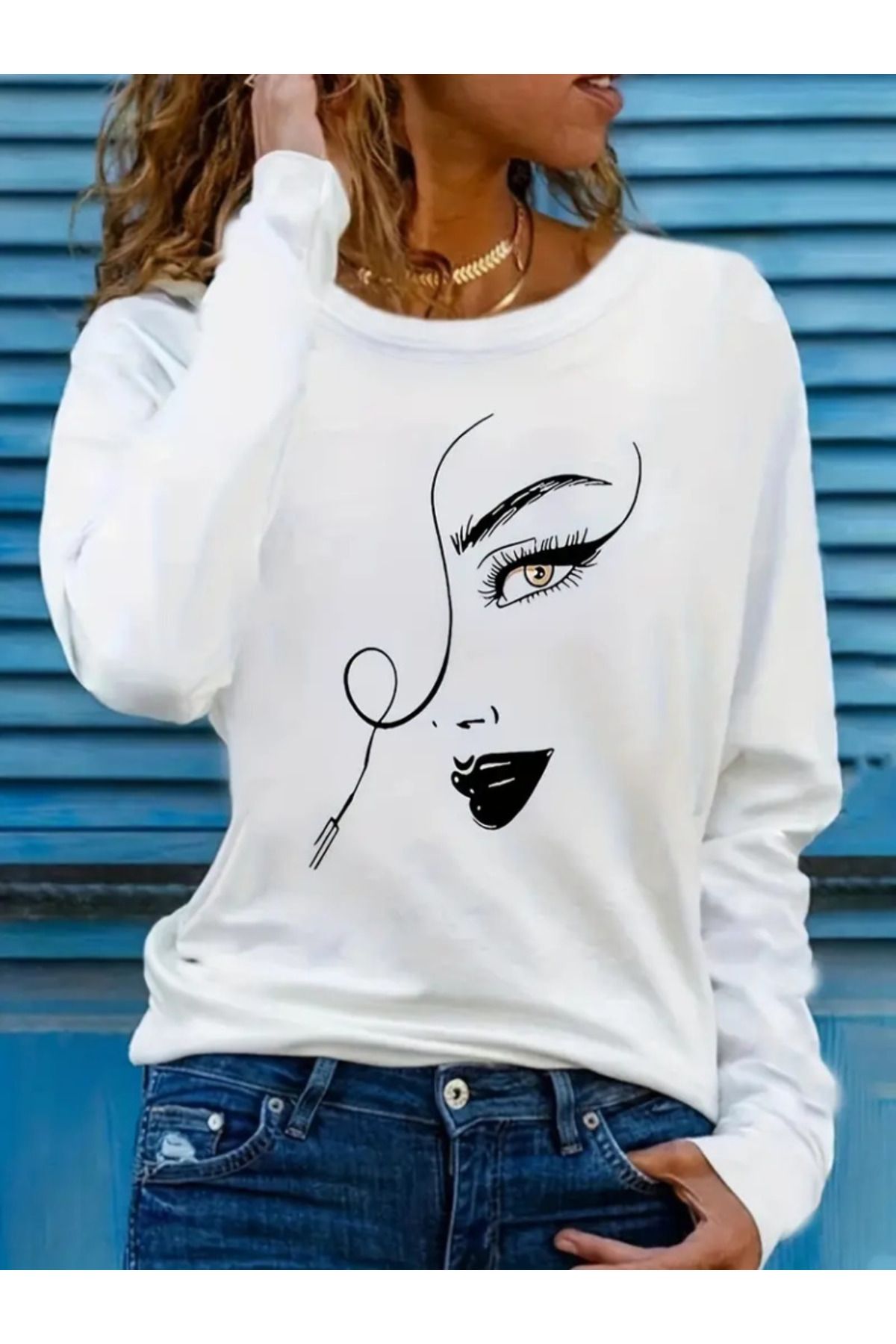 D&M Life Collection Kadın Uzun Kollu Bisiklet Yaka Yüz Desenli Viskon Bluz