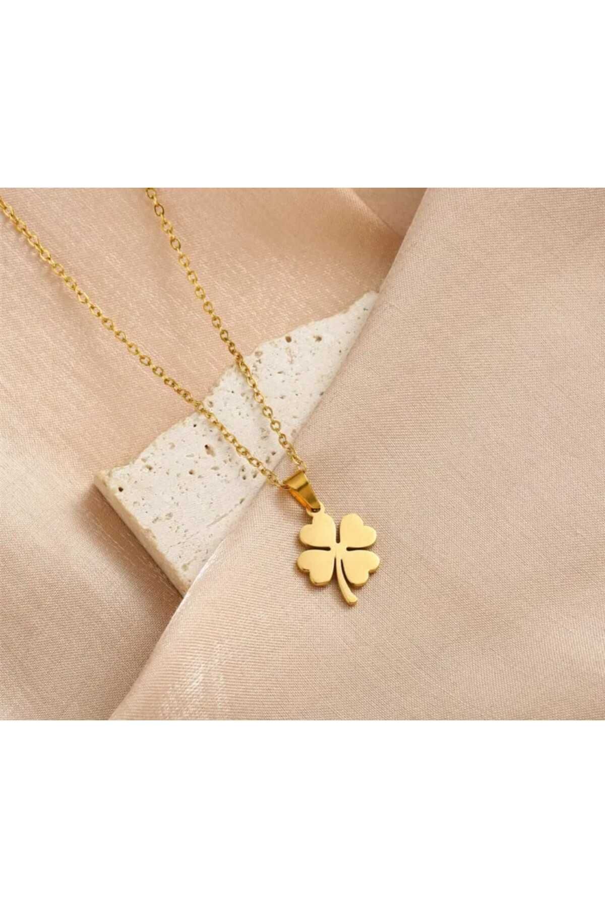 Store 316L Yonca Temalı Paslanmaz Çelik Gold Kolye