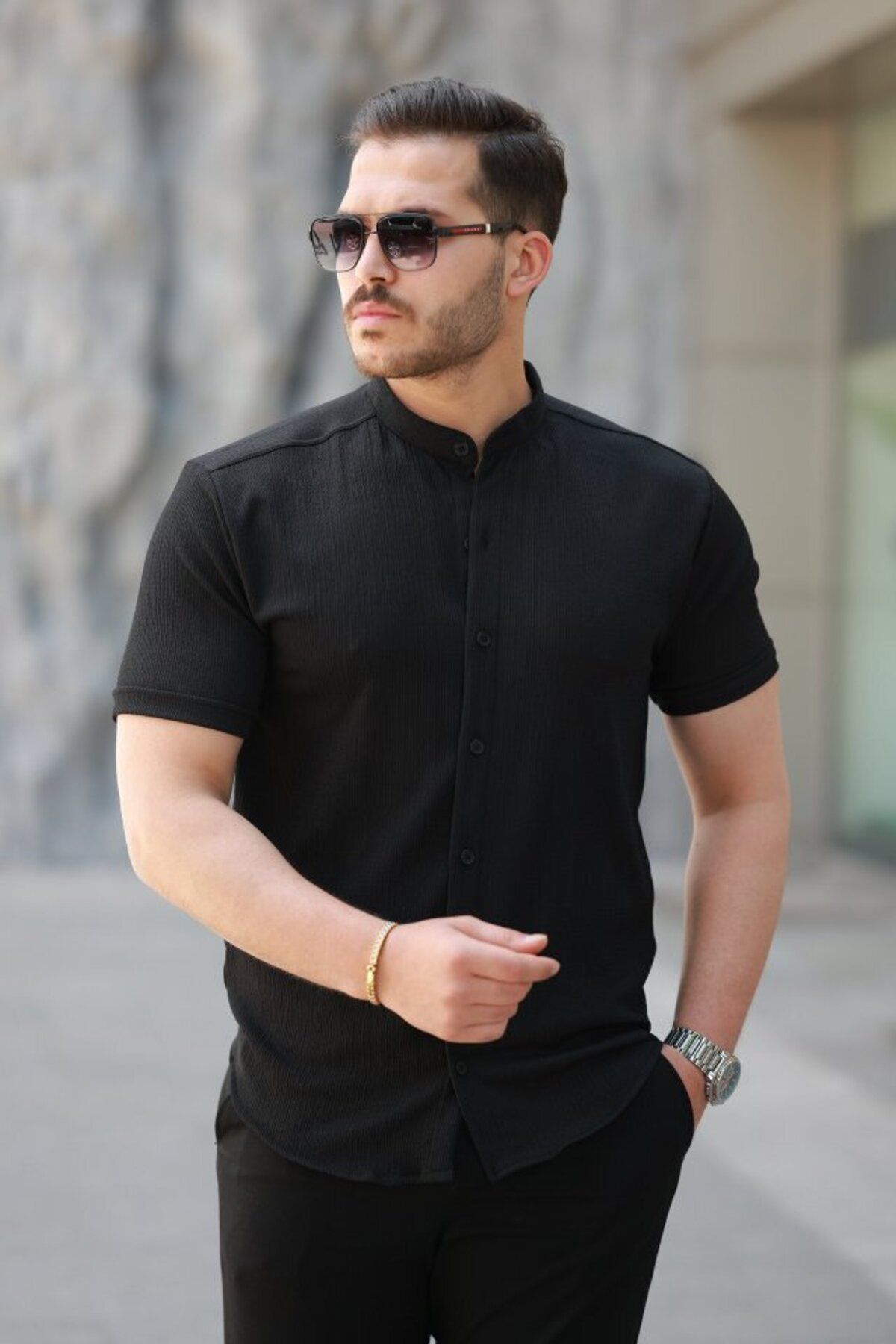 D&M Life Collection Erkek Hakim Yaka Kısa Kollu Gömlek - M - Siyah