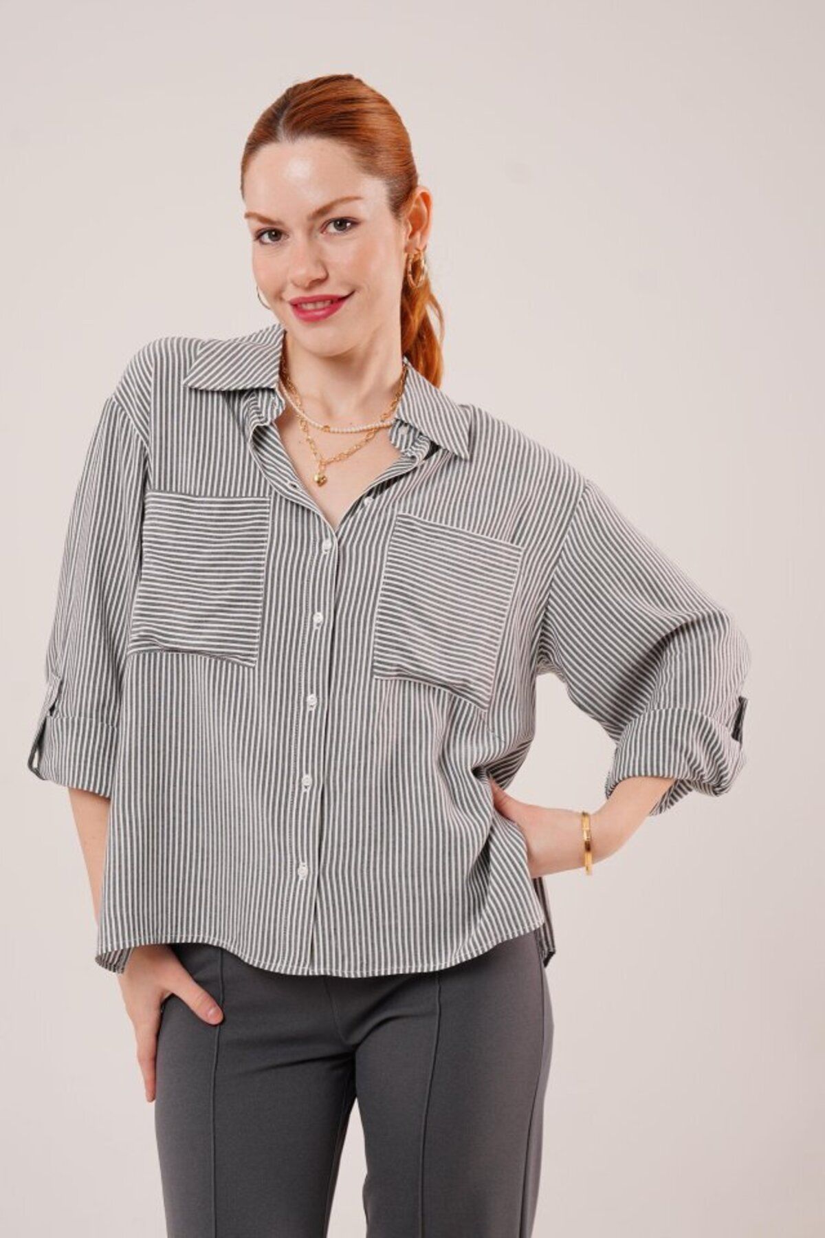 D&M Life Collection Yarasa Kol Çizgili Cep Detaylı Gri Gömlek