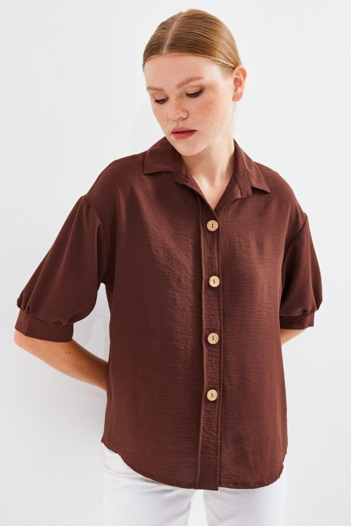 D&M Life Collection Kısa Kol Oversize Keten Gömlek 20240 - Kahverengi
