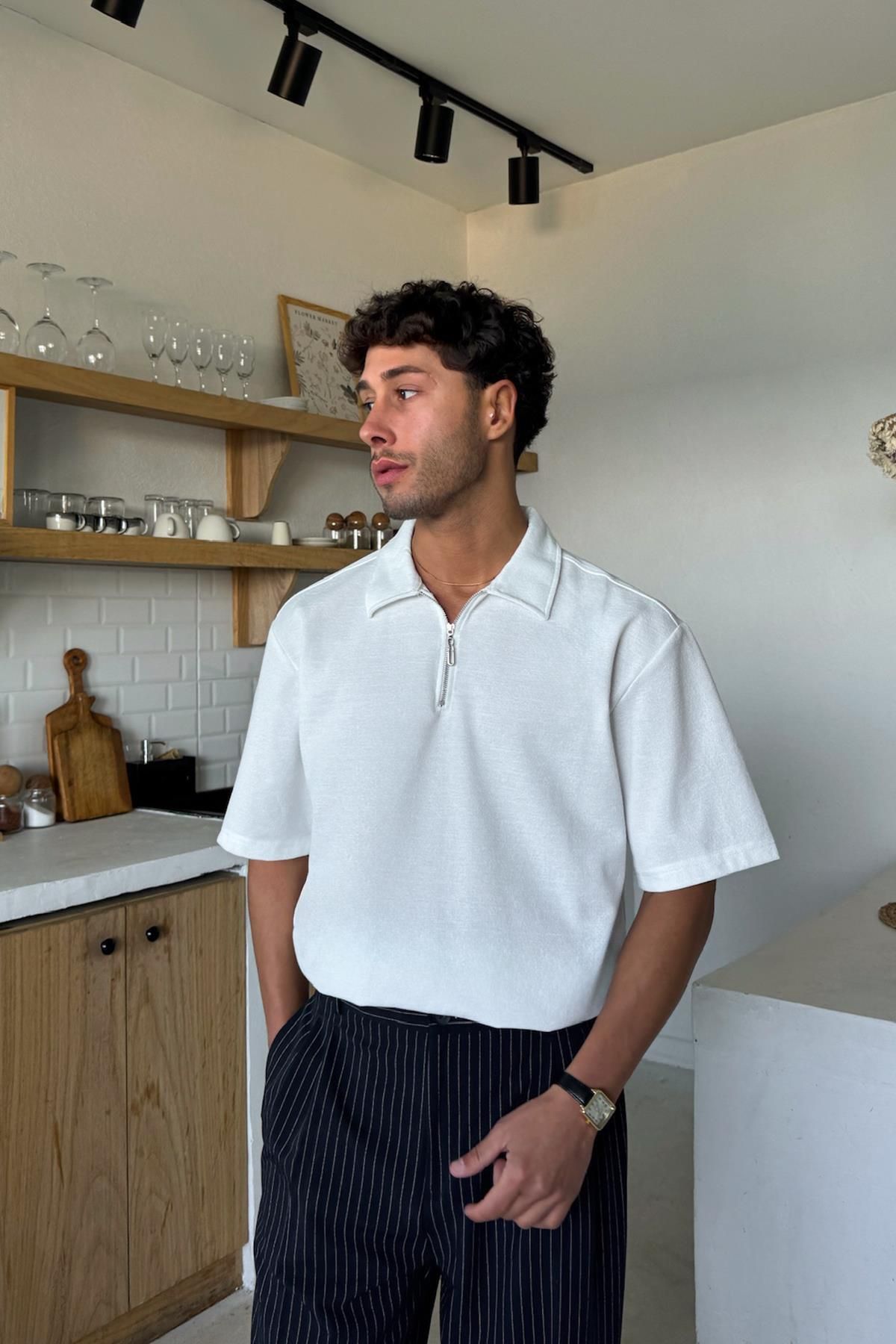 Flaw Wear Beyaz Fermuarlı Polo Yaka Tişört