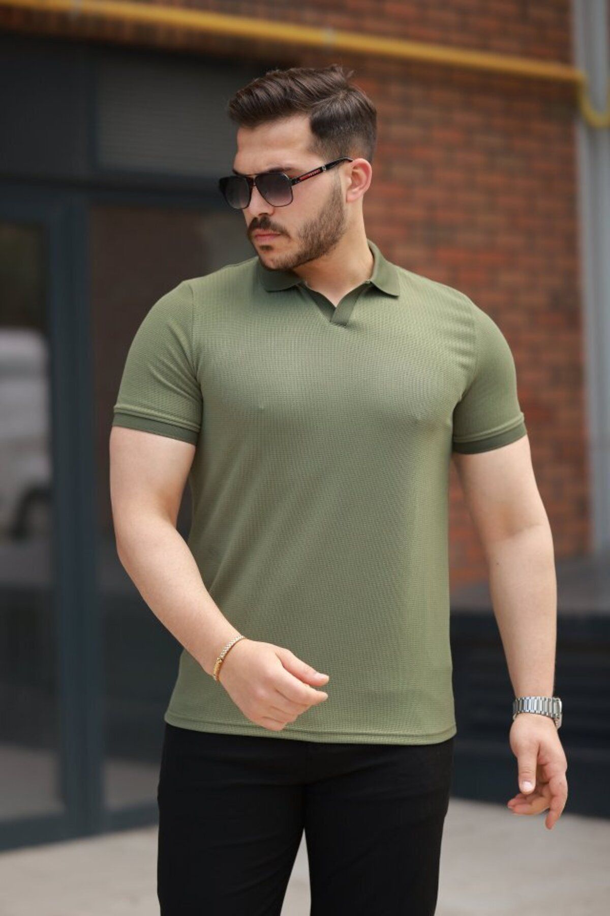 D&M Life Collection Erkek Yakalı Waffle Dokulu Kısa Kollu Tişört - XL - Haki