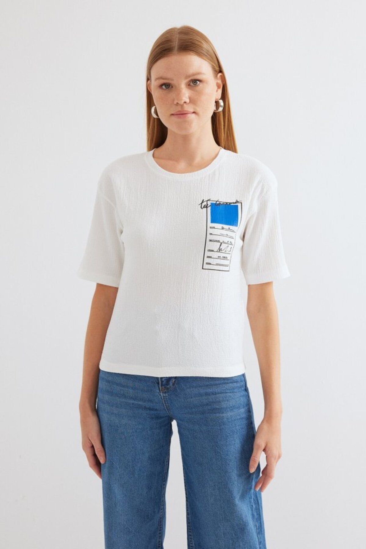 D&M Life Collection 911 Baskılı Örme Basic Tişört - Mavi - 40 - Mavi